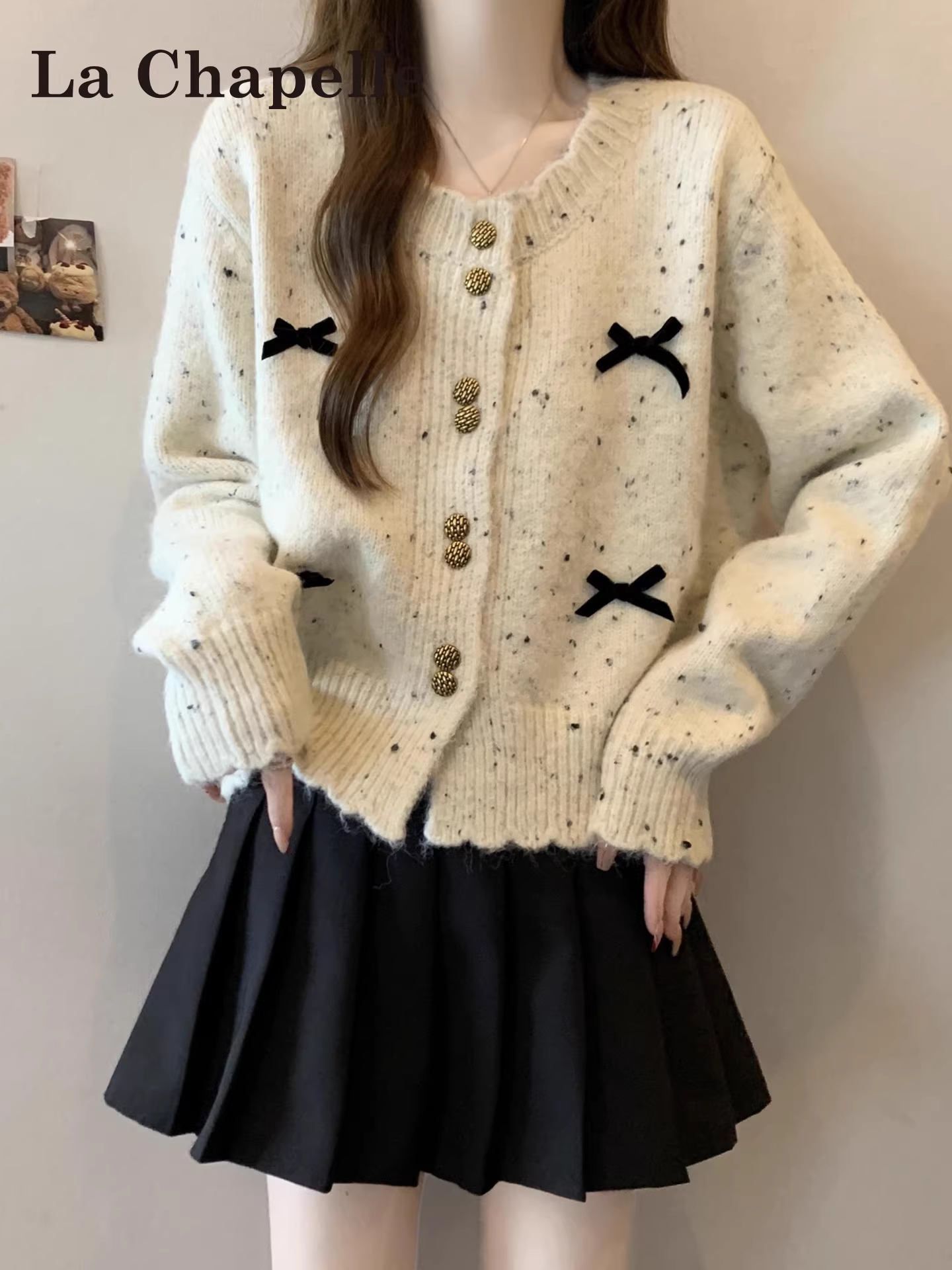 Áo len dệt kim dài tay thắt nơ La Chapelle dành cho nữ 2025 áo khoác cardigan dáng rộng mới mùa xuân và mùa thu