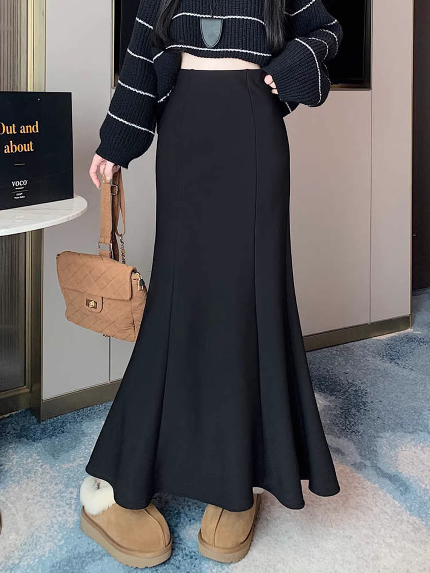 Váy đuôi cá dày dặn lót lông cừu đen La Chapelle dành cho nữ, mẫu mới thu đông 2025, cạp cao, dáng chữ A, dài qua gối