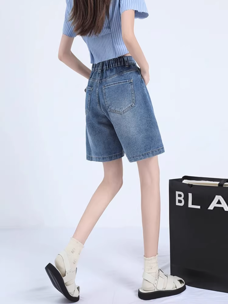 Quần short denim xanh La Chapelle dành cho nữ, mùa hè 2025, kiểu dáng mới, cạp cao, rộng rãi, dáng chữ A, thẳng.