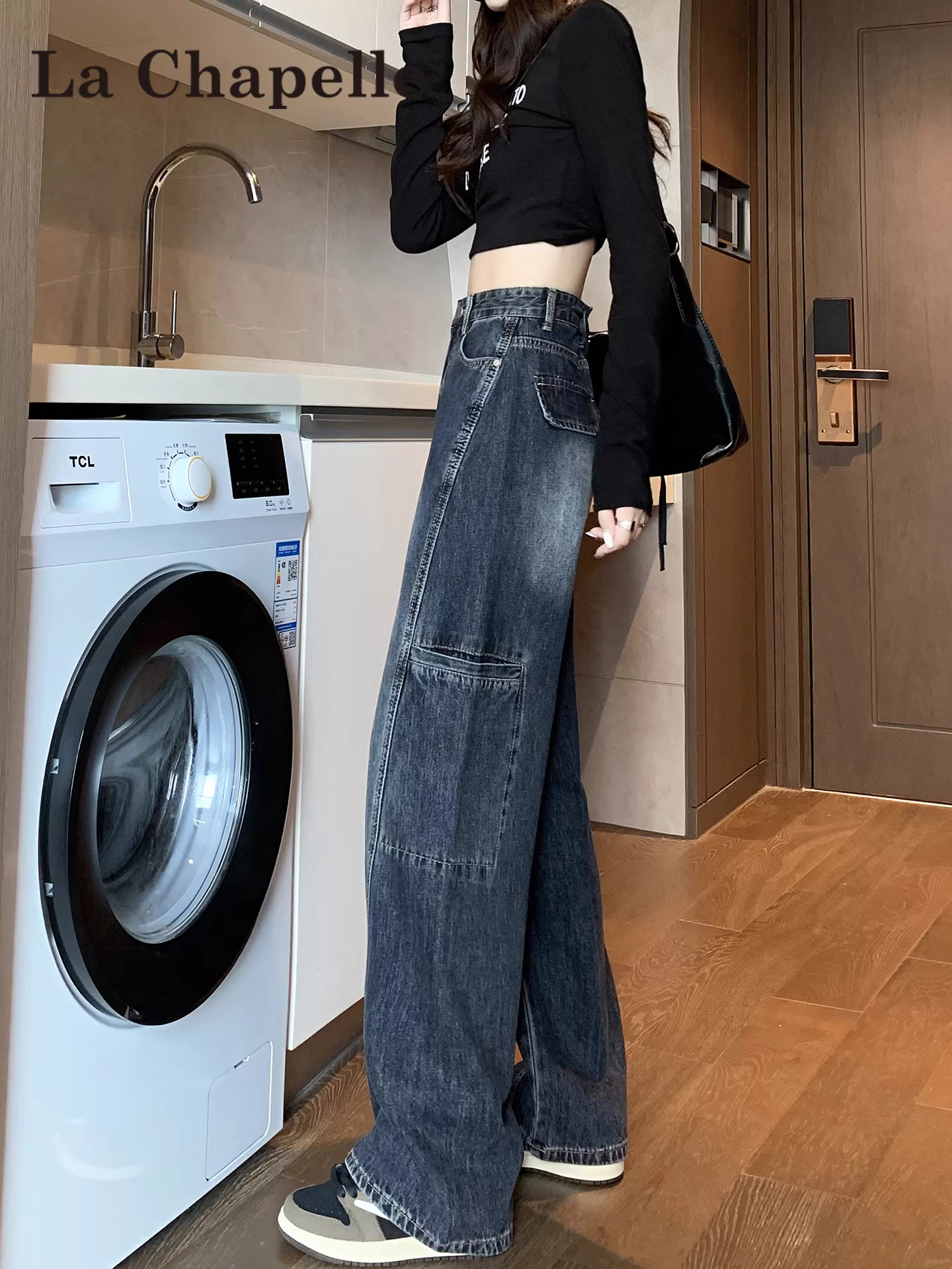 Quần jeans kiểu Mỹ cổ điển La Chapelle dành cho nữ, mùa thu đông 2025, kiểu dáng mới, cạp cao, ôm dáng, ống rộng, thẳng.