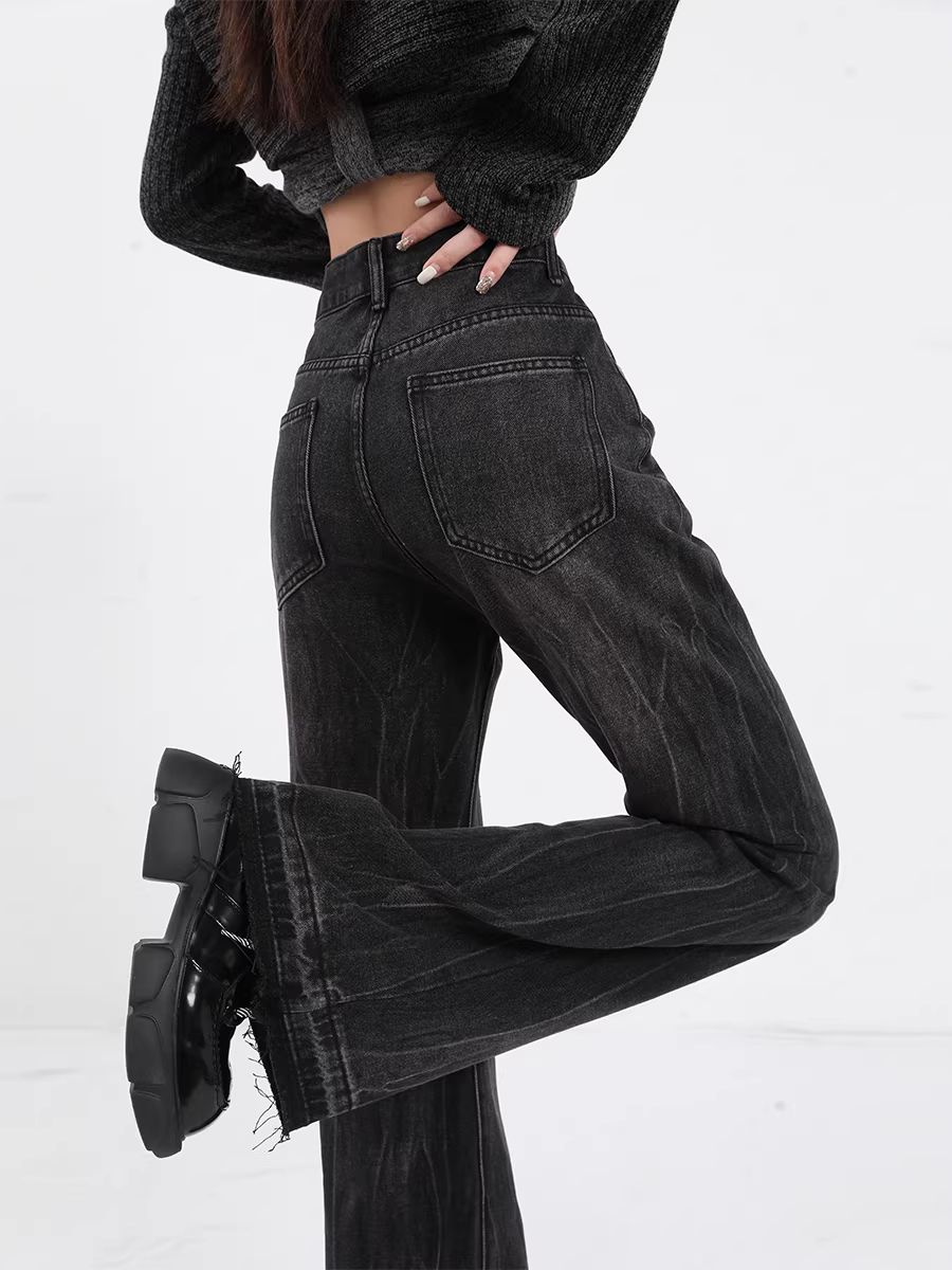 Quần jean đen La Chapelle dáng loe dành cho nữ, kiểu mới thu đông 2025, size nhỏ, cạp cao, tôn dáng, lót lông, ống chuông