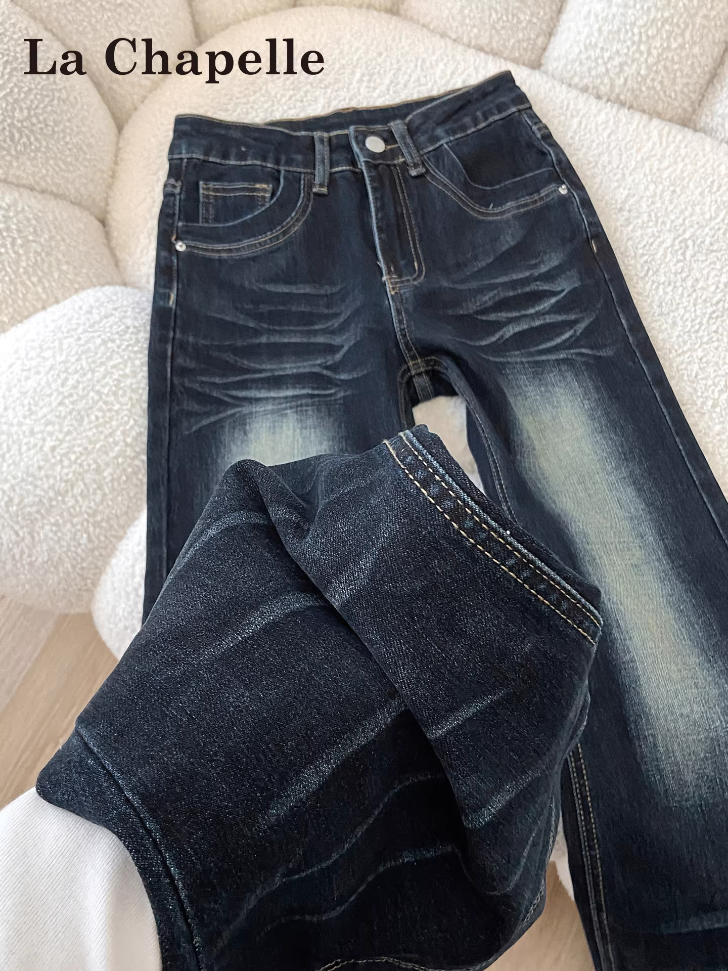 Quần jeans dáng chuông La Chapelle kiểu Mỹ cổ điển dành cho nữ, mẫu mới thu đông 2025, cạp cao, tôn dáng, dành cho người nhỏ nhắn