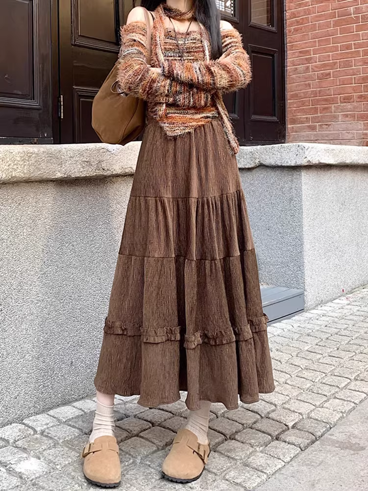 Váy ren nhung La Chapelle dành cho nữ, mẫu mới thu đông 2025, cạp cao, dáng ôm, dài ngang đùi, xếp tầng