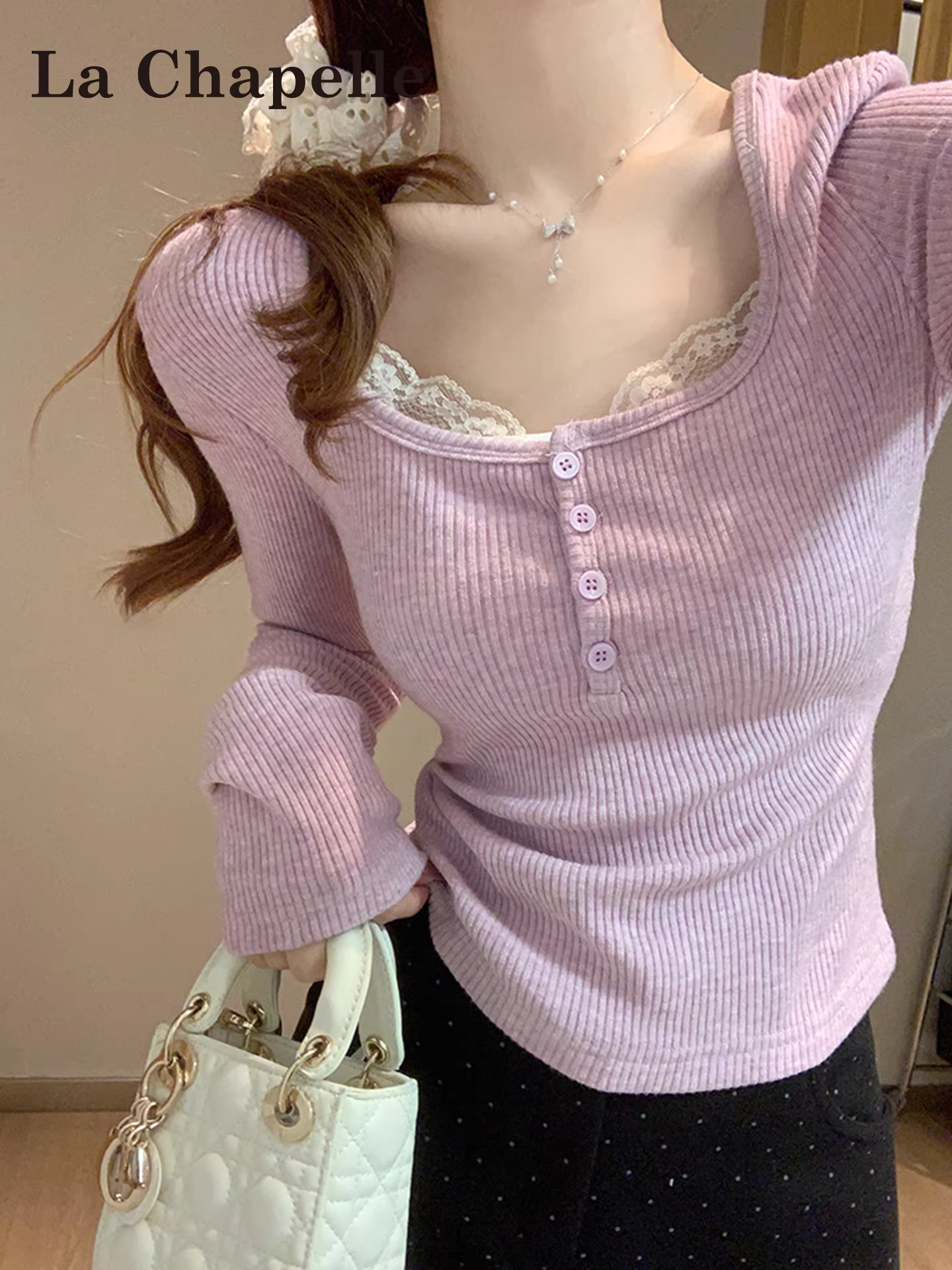Áo thun dài tay cổ vuông màu tím La Chapelle dành cho nữ, áo lớp trong mùa thu đông mới 2025.