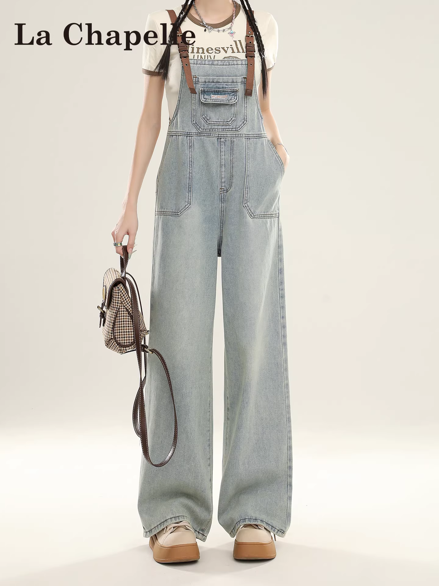 Quần yếm denim kiểu Mỹ La Chapelle dành cho nữ, kiểu mới mùa thu 2025, dáng rộng lưng cao, size nhỏ.