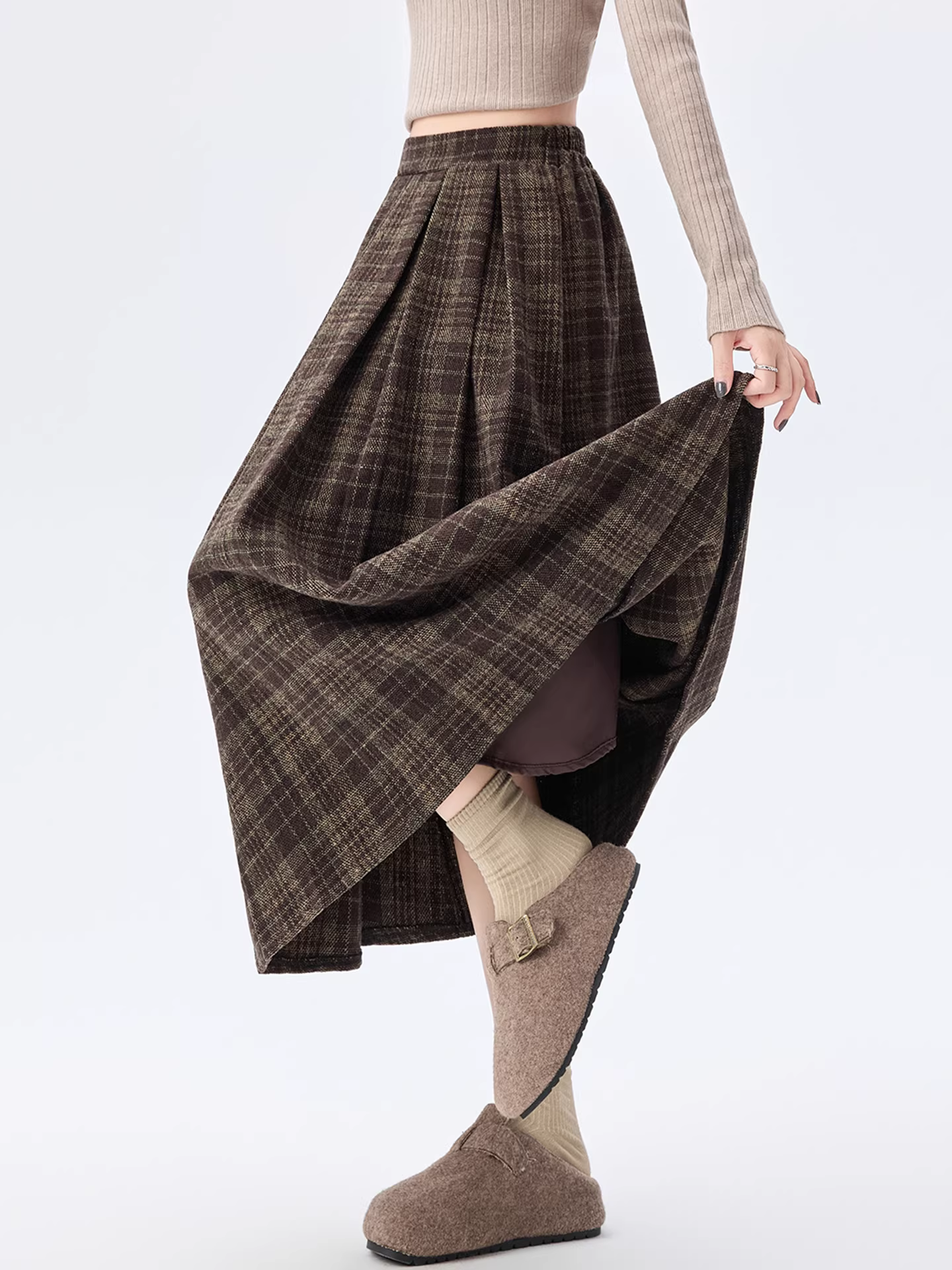 Váy len kẻ sọc màu xám La Chapelle dành cho nữ 2025 mới thu đông dáng nhỏ eo cao tôn dáng dài