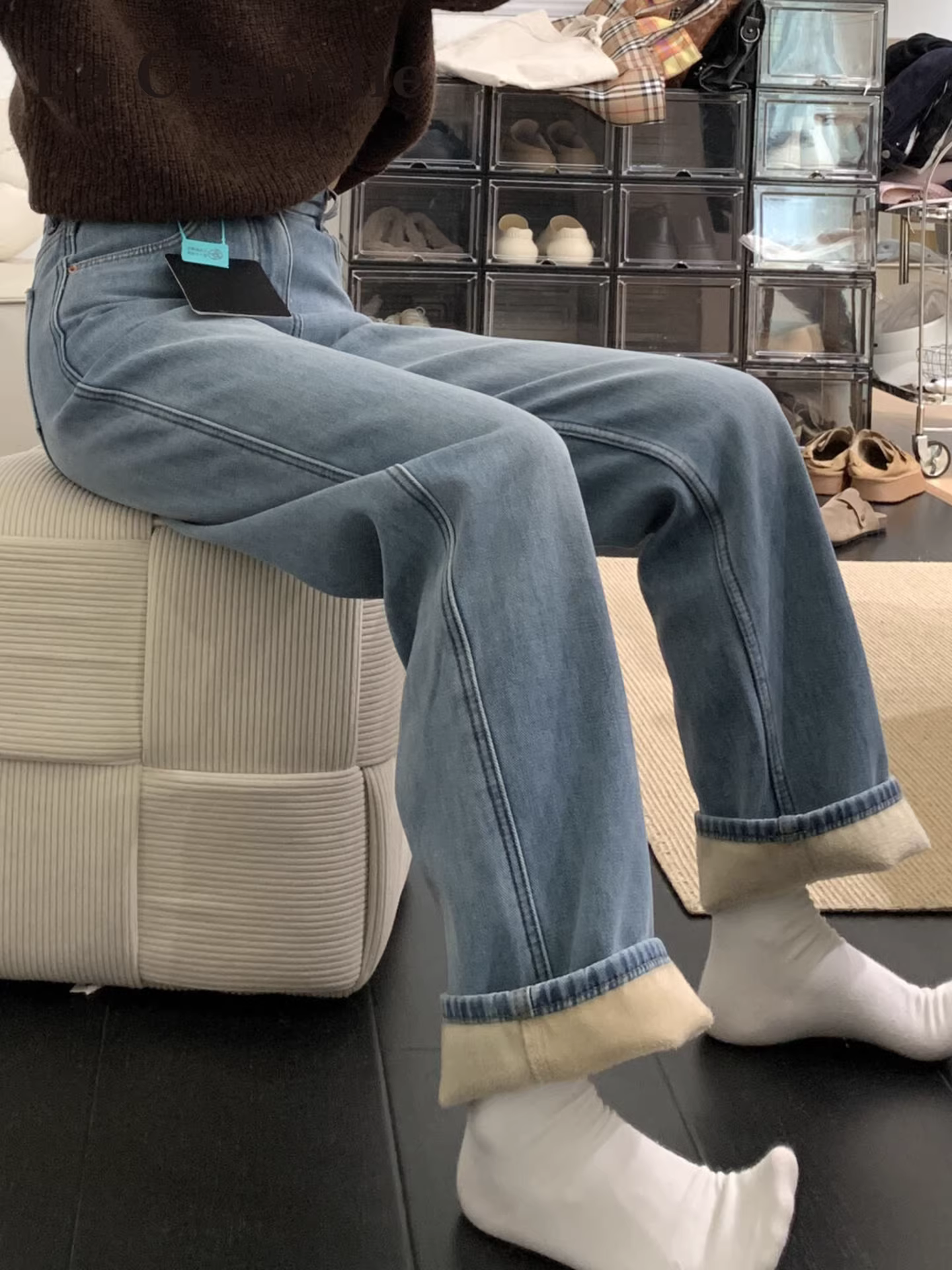 Quần jeans ống rộng dày dặn lót lông màu sáng La Chapelle dành cho nữ, mẫu mới thu đông 2025, cạp cao, dáng ôm thẳng