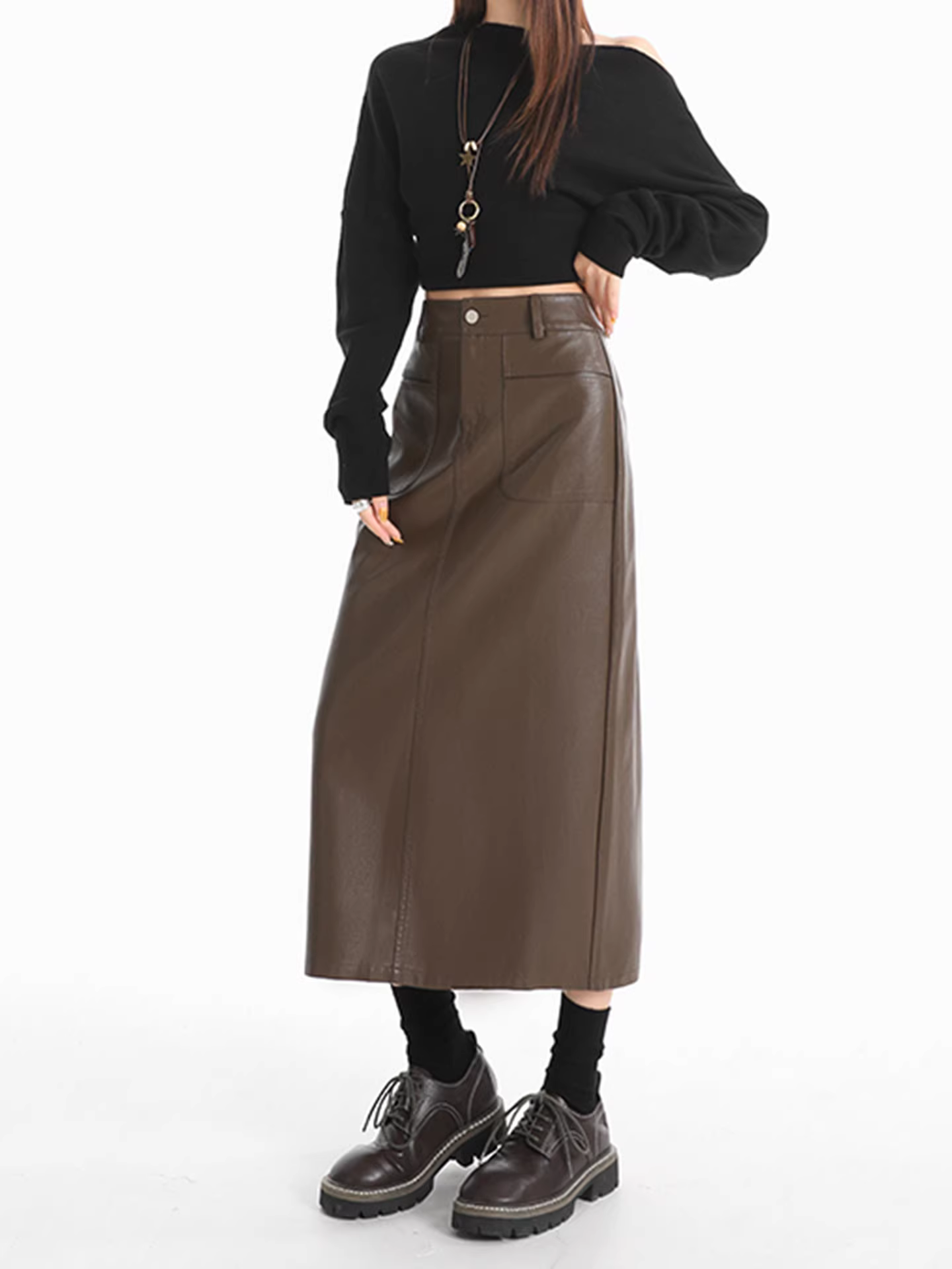 Váy bút chì màu cà phê La Chapelle dành cho nữ, kiểu mới thu đông 2025, váy da dáng dài vừa phải, eo cao, tôn dáng.