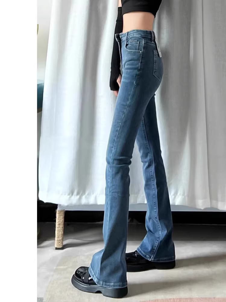 Quần jeans La Chapelle dáng loe retro dành cho nữ nhỏ nhắn, mẫu mới thu đông 2025, cạp cao, lót lông, ôm dáng, kiểu bootcut