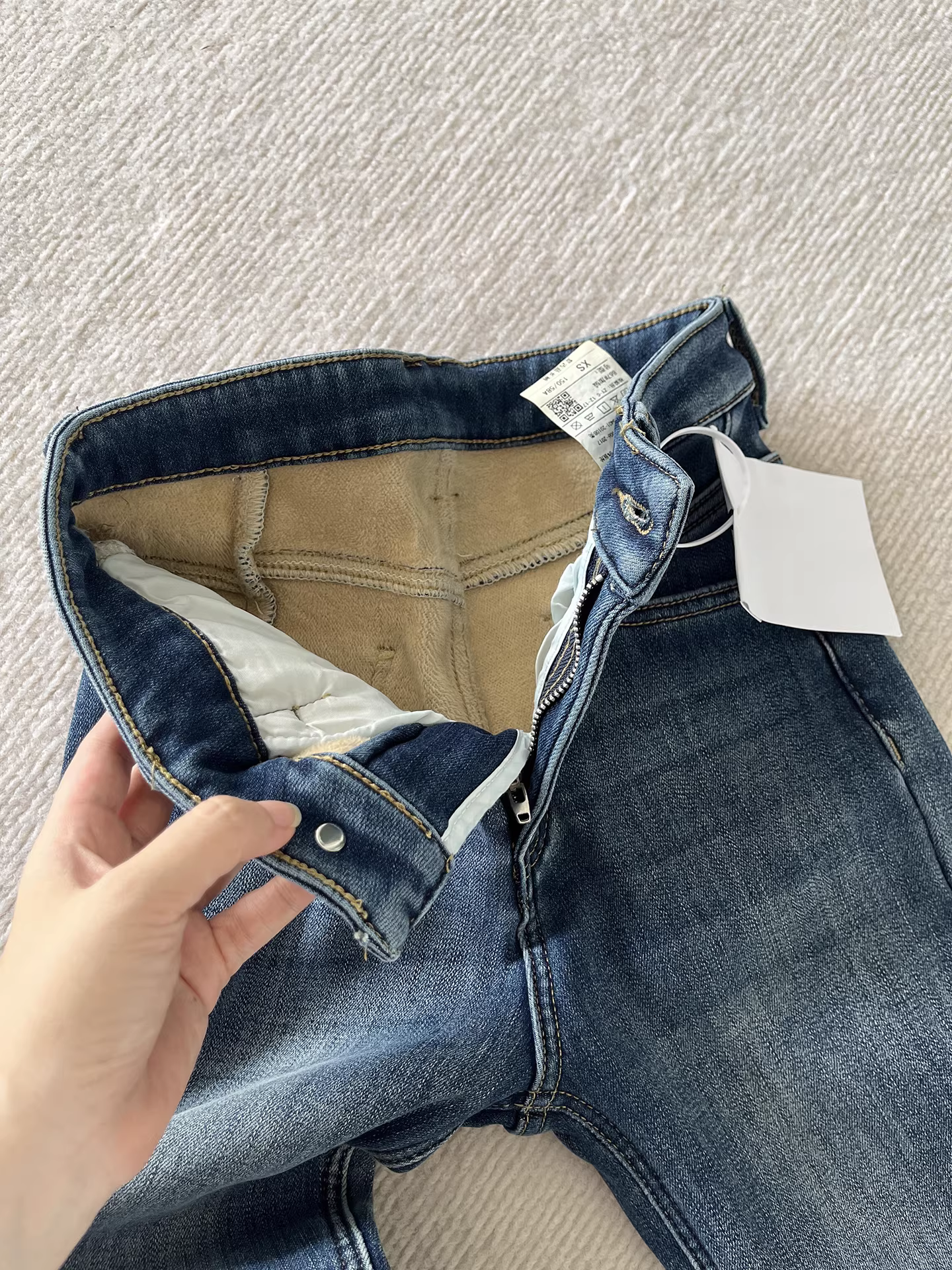 Quần jeans ống loe dày dặn lót lông cừu La Chapelle dành cho nữ, mẫu mới thu đông 2025, cạp cao, tôn dáng