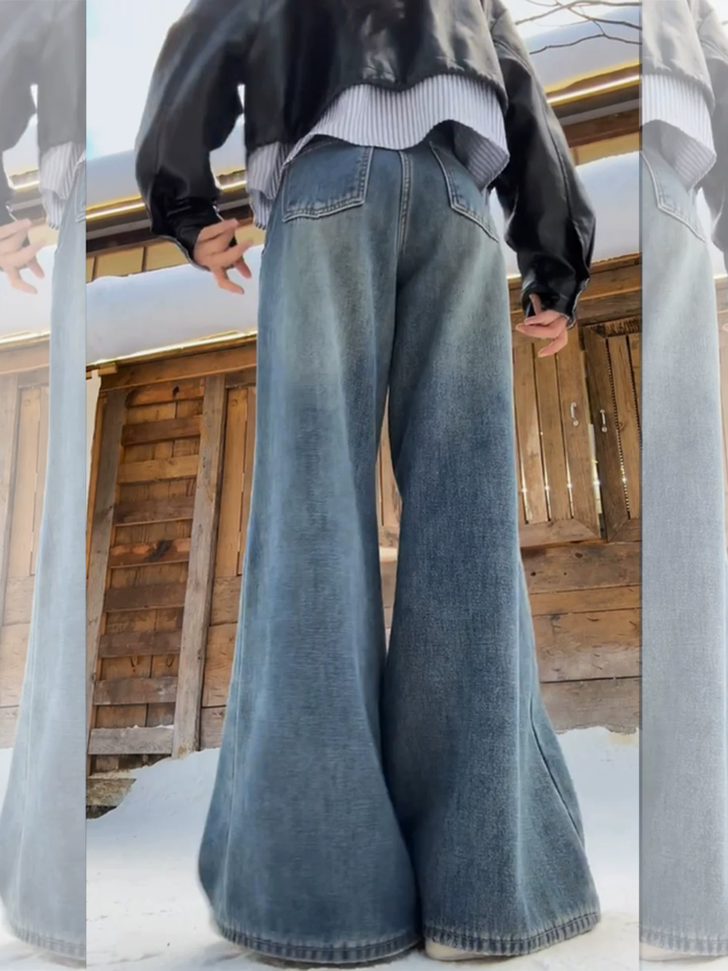 Quần jeans ống rộng lót lông cừu La Chapelle dành cho nữ, mẫu mới thu đông 2025, kiểu dáng rộng rãi, thoải mái, phong cách retro, quần ống thẳng
