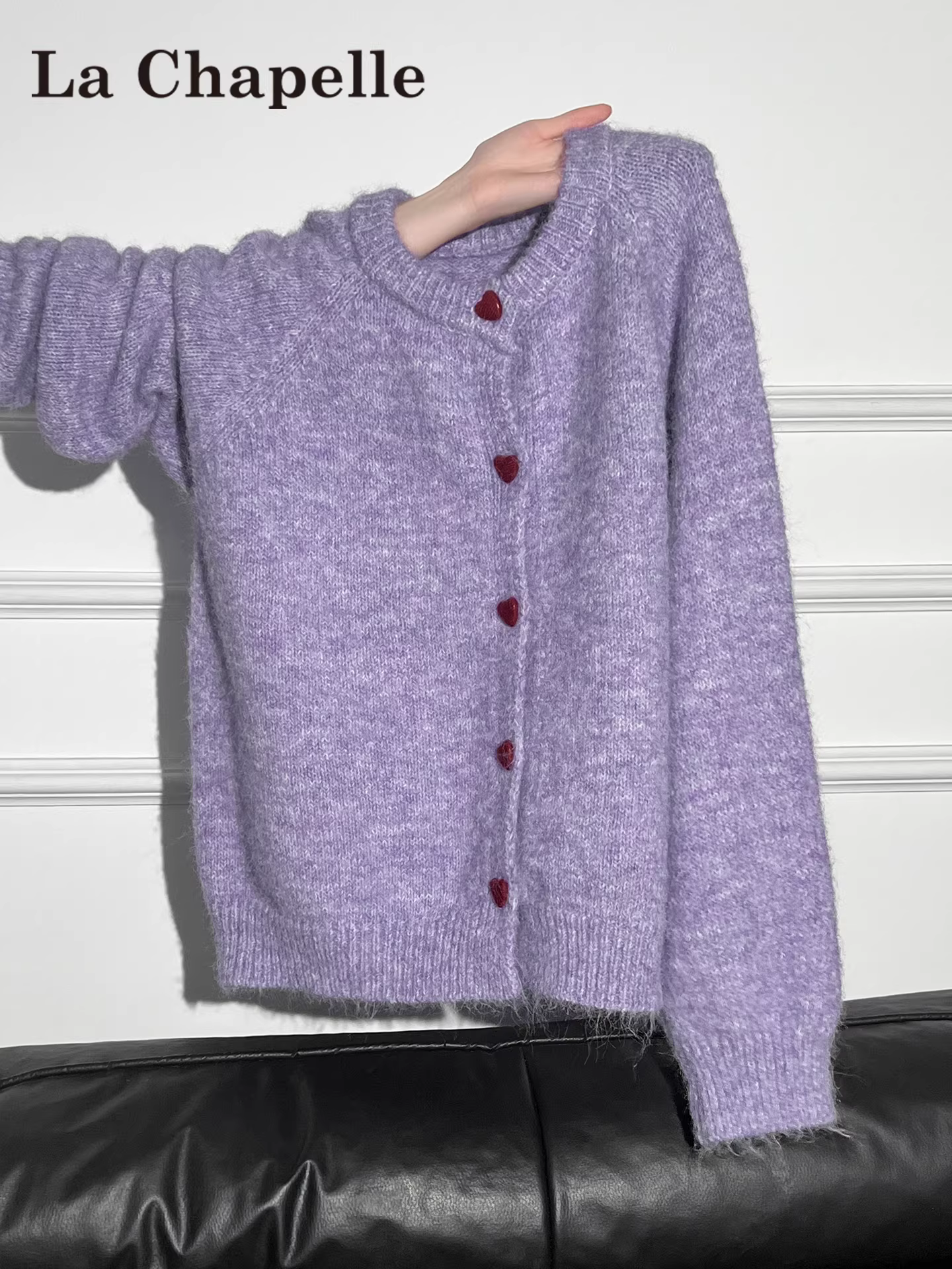 Áo len dệt kim dài tay cổ tròn màu tím thanh lịch La Chapelle dành cho nữ 2025 áo khoác dáng rộng mới mùa thu đông