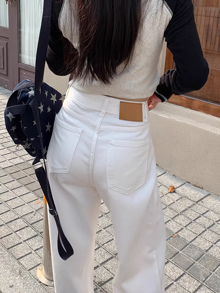 Quần jeans trắng La Chapelle dáng rộng dành cho nữ, kiểu mới thu đông 2025, ôm dáng, lưng cao, dáng suông, chất liệu mềm mại