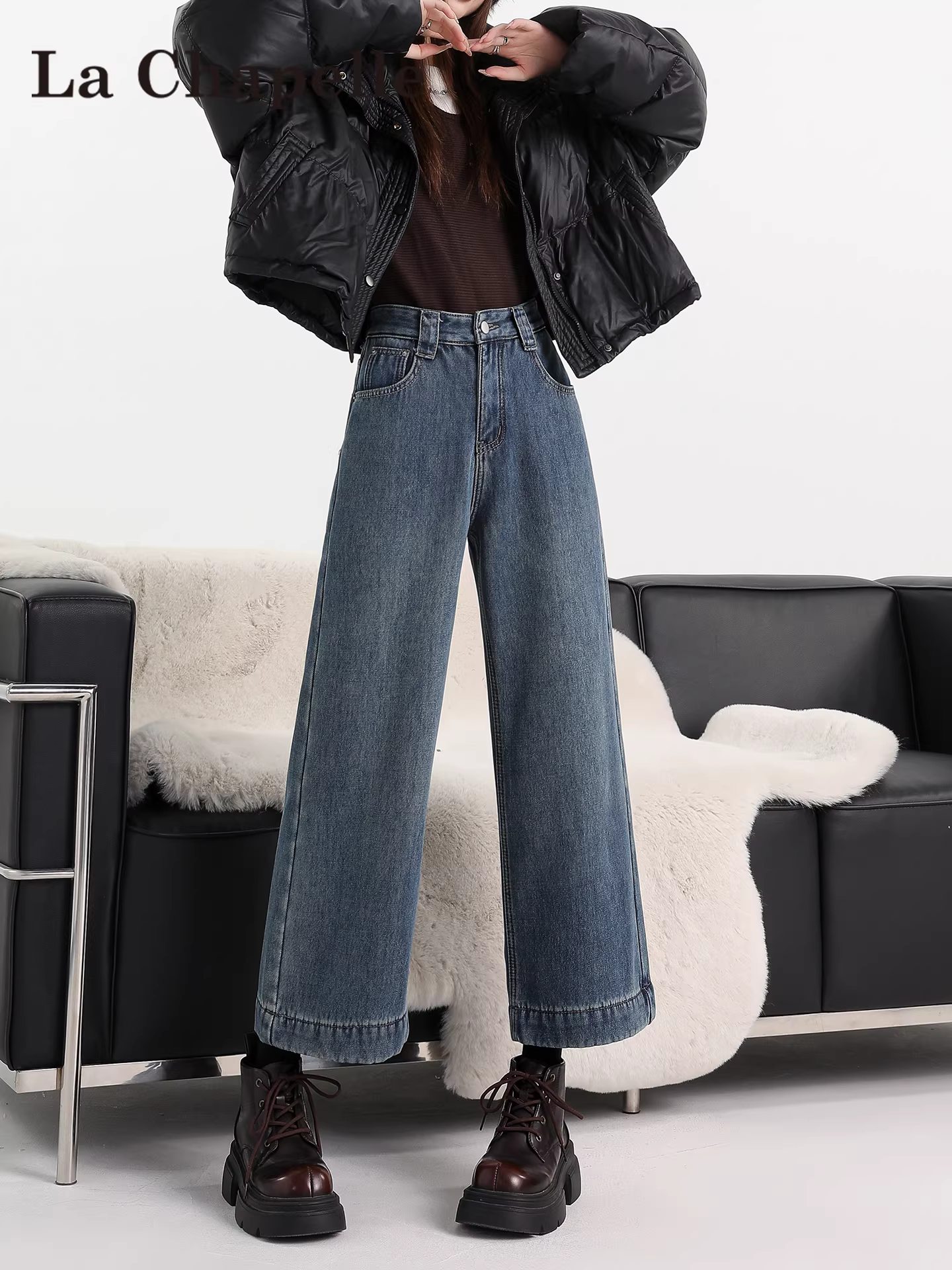 Quần jeans ống rộng La Chapelle kiểu retro dành cho nữ, mẫu mới thu đông 2025, dáng nhỏ nhắn, cạp cao, ống thẳng, dài chín phần