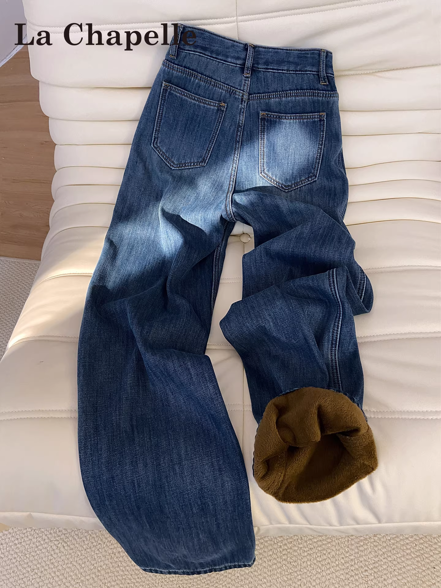 Quần jeans ống rộng lót lông dày kiểu La Chapelle dành cho nữ, thu đông 2025, kiểu dáng mới, cạp cao, ôm dáng, thẳng.