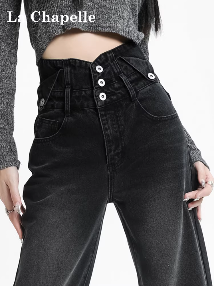 Quần jeans đen dáng rộng La Chapelle dành cho nữ, mùa thu đông 2025, kiểu mới cạp cao, lót lông, dáng thẳng