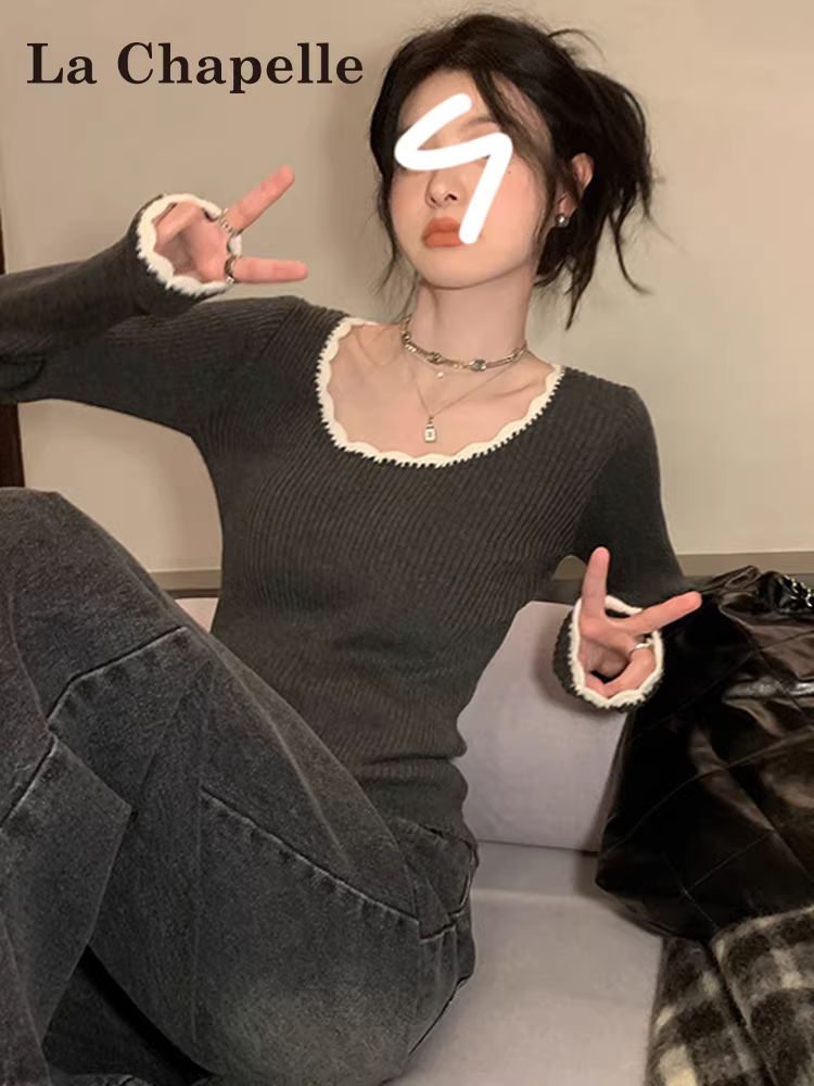 Áo len dệt kim cổ vuông màu xám La Chapelle dành cho nữ, kiểu dáng mới thu đông 2025, áo lót ôm sát.