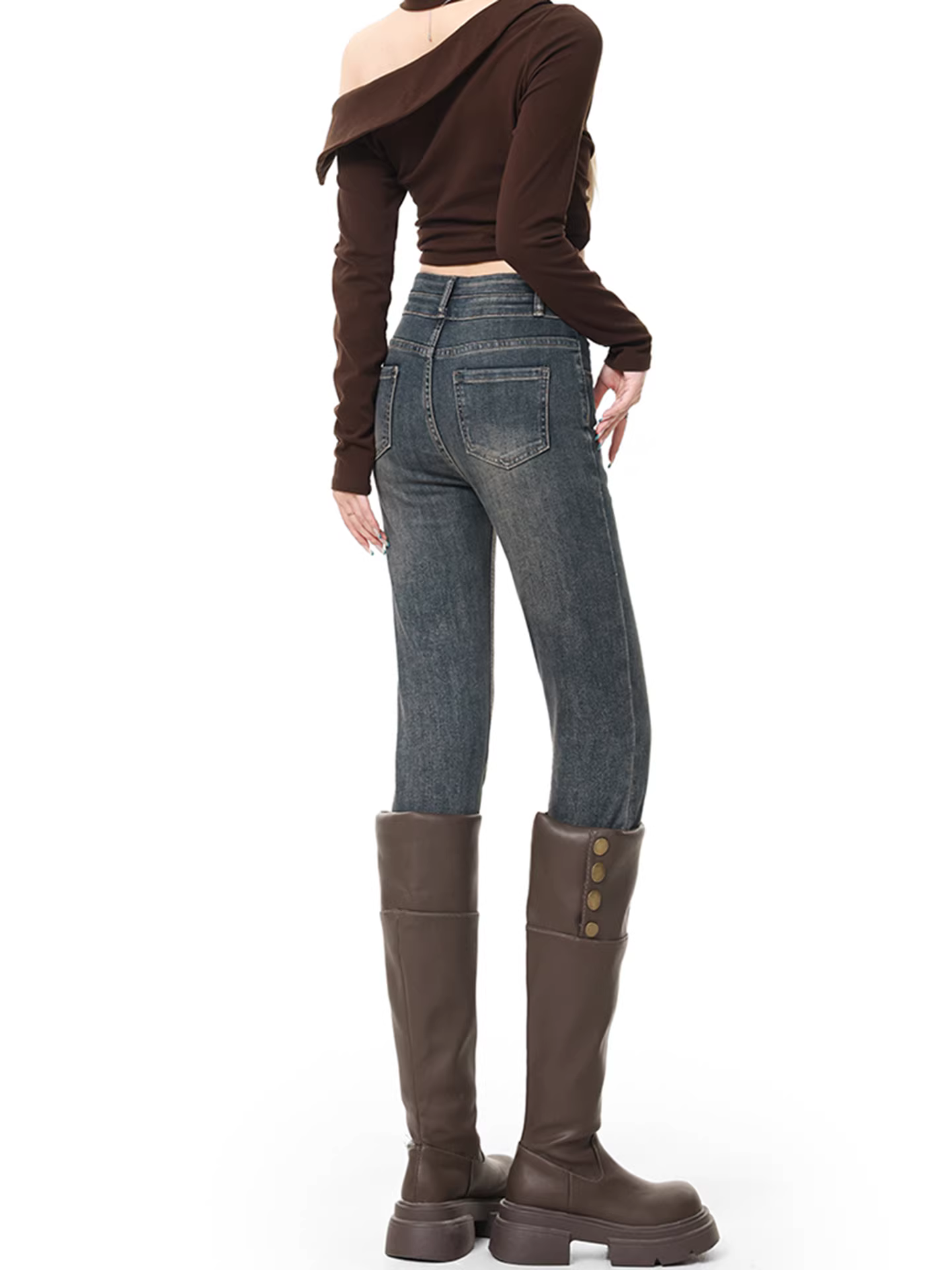 Quần jeans nữ La Chapelle lót lông dày, dáng ôm, cạp cao, kiểu dáng bút chì, mùa thu đông 2025, size nhỏ nhắn