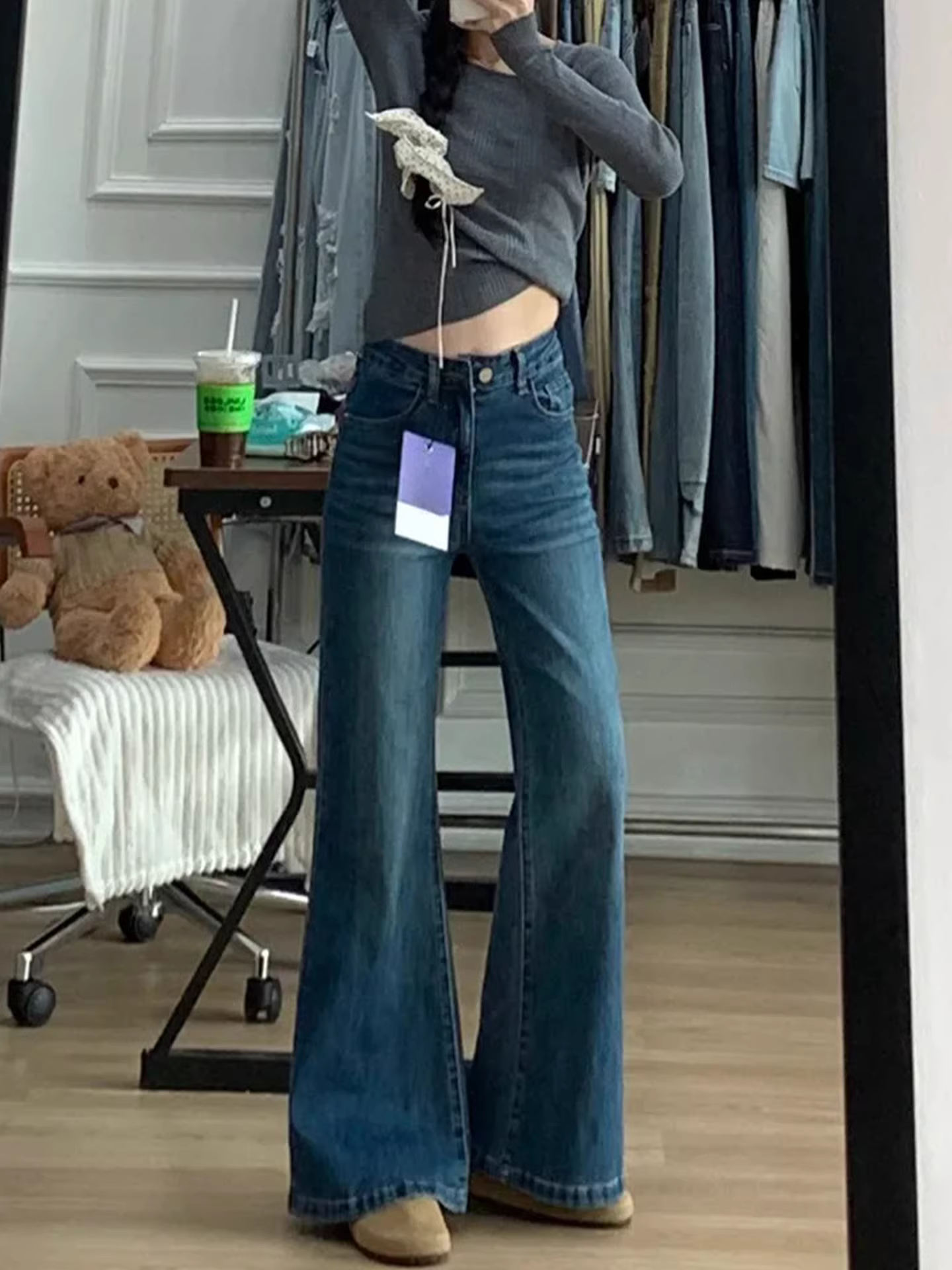 Quần jeans ống loe dày dặn lót lông cừu La Chapelle dành cho nữ, mẫu mới mùa đông 2025, cạp cao