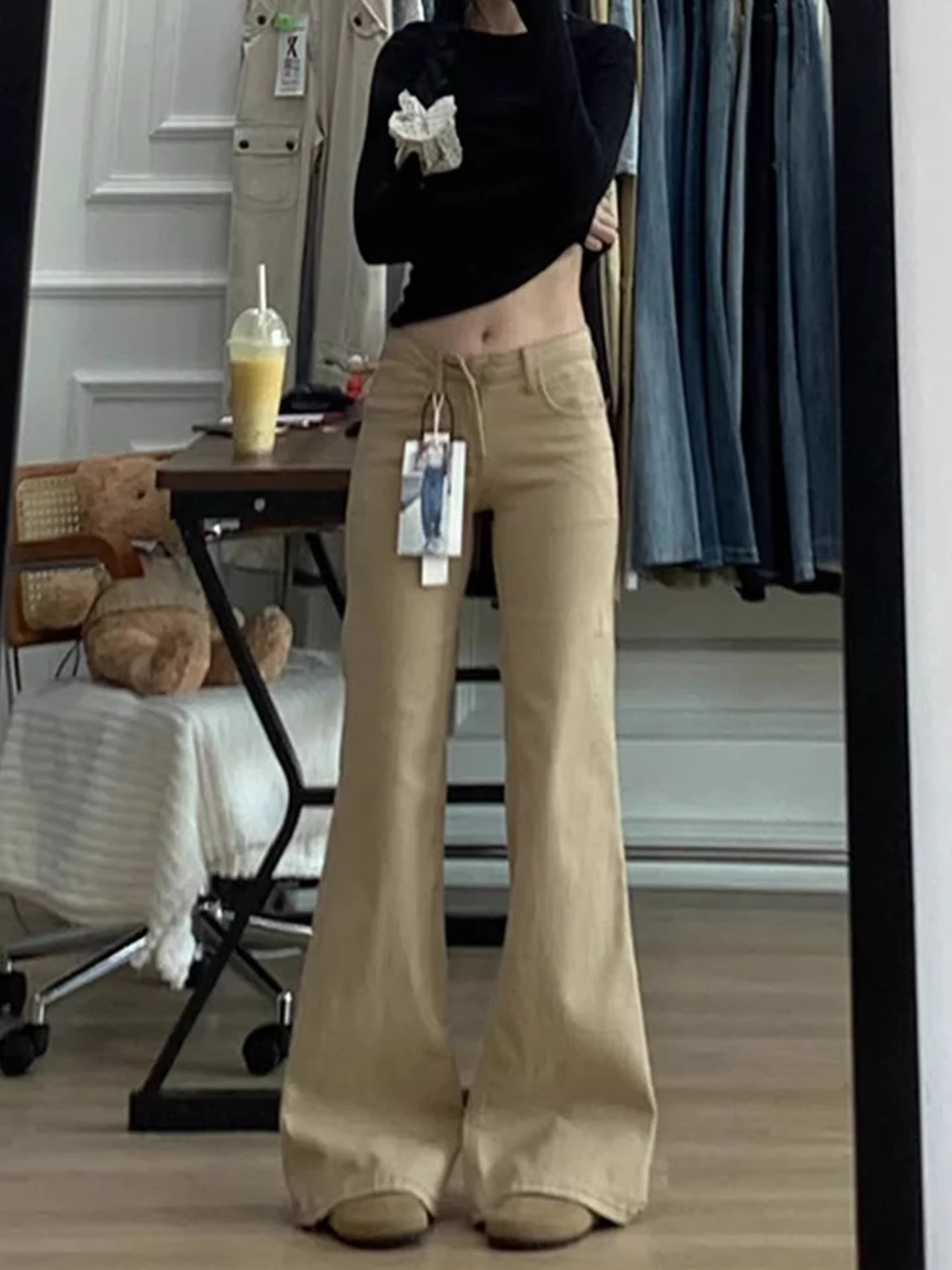 Quần jeans kaki dáng loe La Chapelle dành cho nữ, mẫu mới thu đông 2025, cạp cao, rộng rãi, kiểu dáng nhỏ nhắn, ống chuông