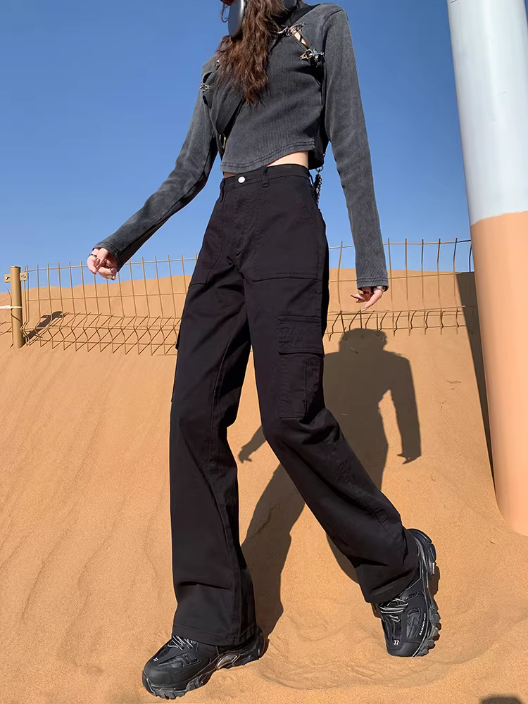 Quần cargo denim lót lông đen La Chapelle dành cho nữ, kiểu dáng Mỹ mới mùa thu đông 2025, cạp cao, ống rộng thẳng