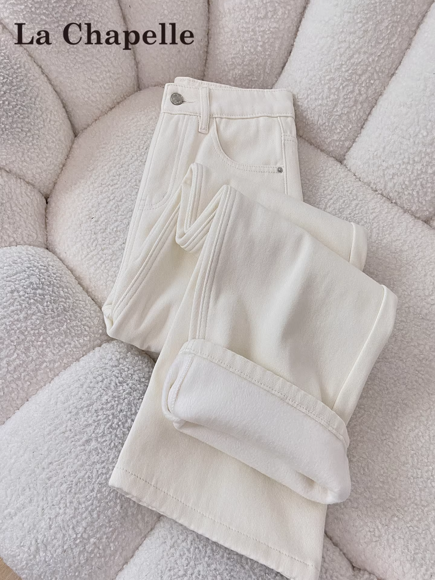 Quần jeans ống rộng lót lông trắng La Chapelle dành cho nữ, mẫu mới thu đông 2025, cạp cao, dáng thẳng, tôn dáng