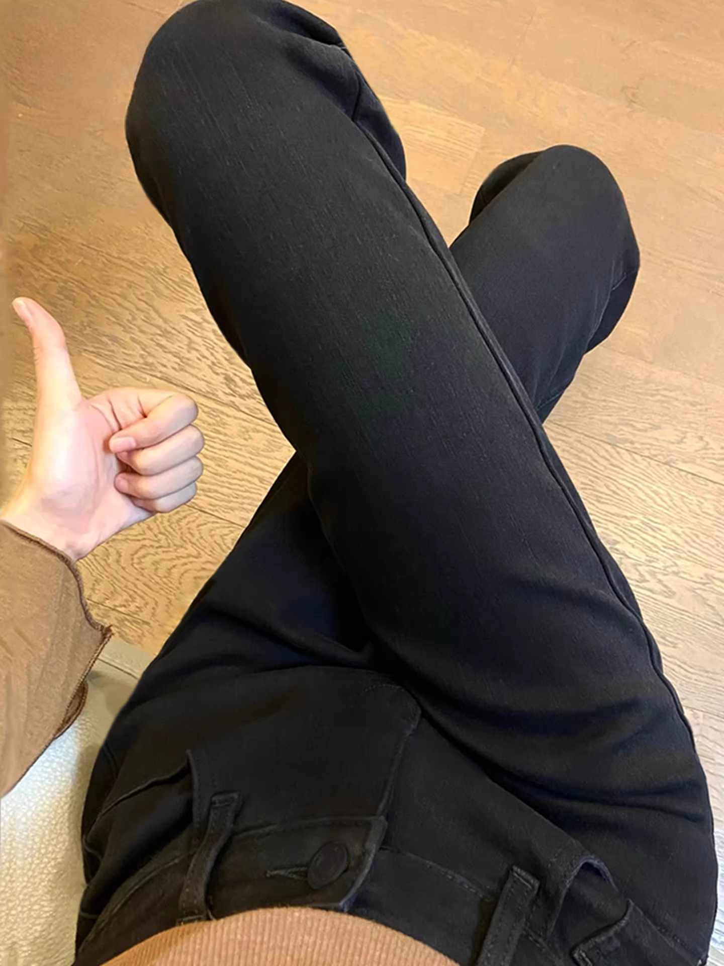 Quần jeans đen dáng rộng La Chapelle dành cho nữ, mẫu mới thu đông 2025, cạp cao, chất liệu lông cừu, dáng thẳng