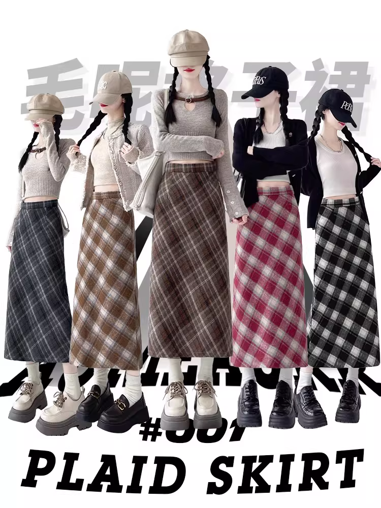 Váy len kẻ ca rô La Chapelle dành cho nữ, mẫu mới thu đông 2025, cạp cao, dáng chữ A, dài qua gối.