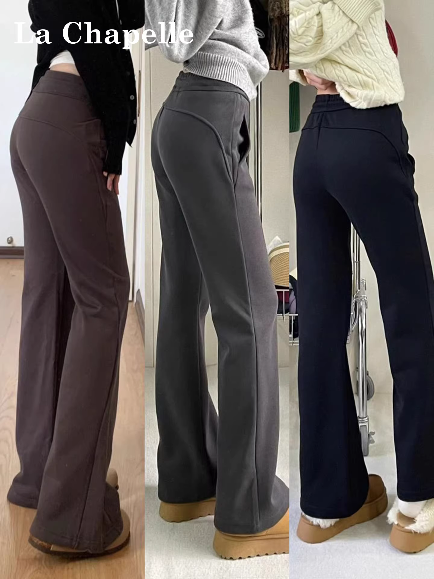 Quần thể thao nữ La Chapelle màu xám, lót lông cừu dày, dáng loe, kiểu mới thu đông 2025, cạp cao, phong cách thường ngày, ống chuông