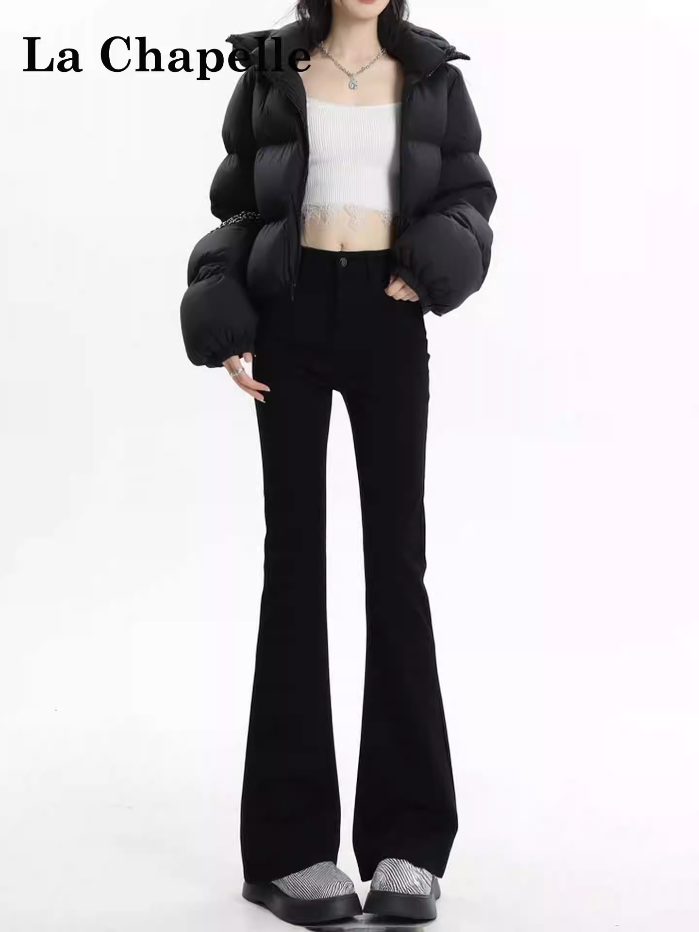 Quần jean nữ La Chapelle lót lông dày, dáng loe, cao cấp, mùa thu đông 2025, cạp cao, tôn dáng, ống chuông