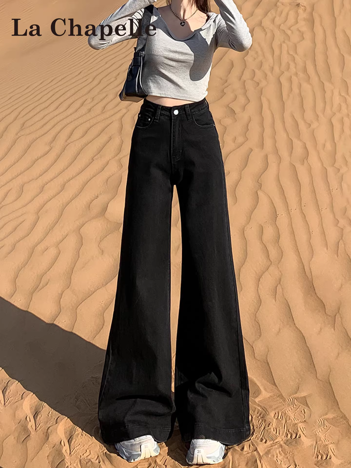 Quần jeans đen La Chapelle dáng loe không bó sát dành cho nữ, mùa thu đông 2025, kiểu mới cạp cao lót lông cừu