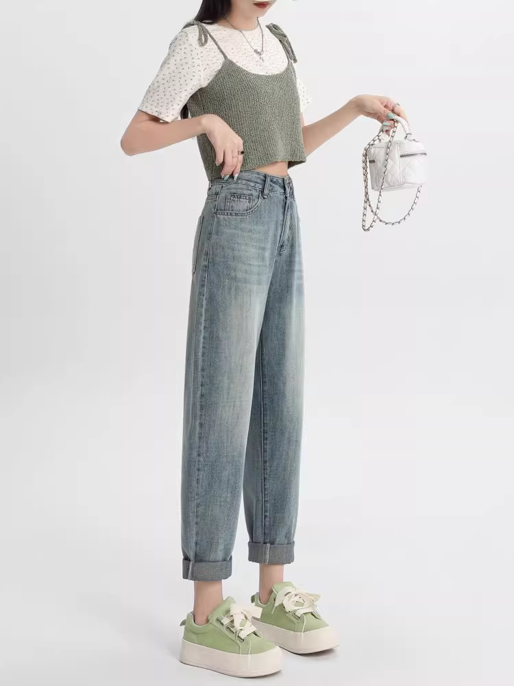 Quần jeans rộng thùng thình La Chapelle dành cho nữ, mùa thu đông 2025, kiểu dáng mới, cạp cao, dáng nhỏ nhắn, kiểu dáng quần cà rốt.