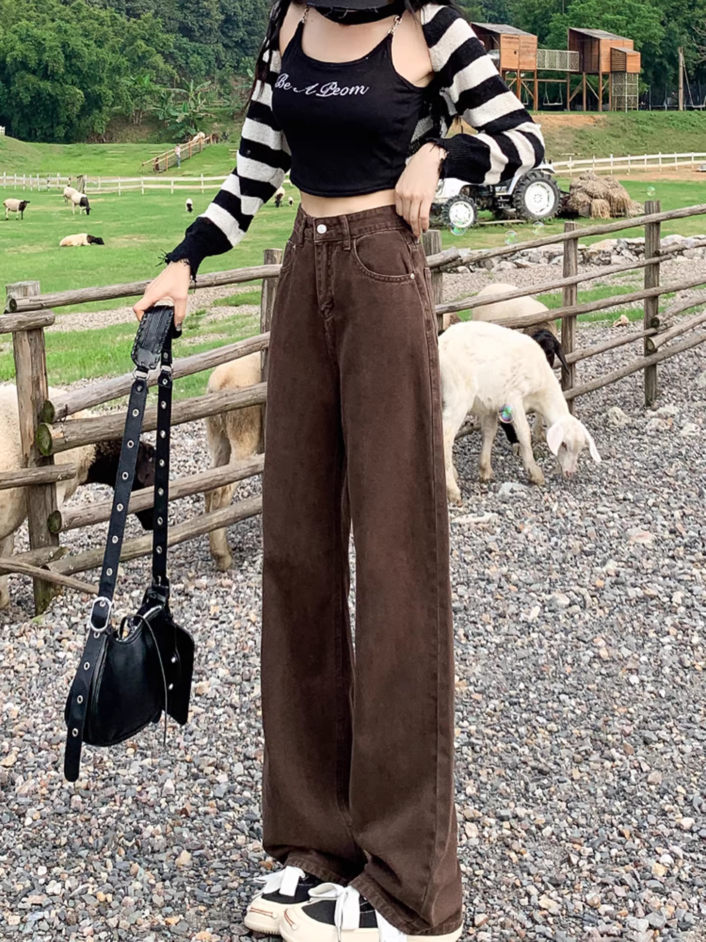 Quần jeans ống rộng màu cà phê La Chapelle, chất liệu lót lông, dáng ôm, dành cho nữ, mùa thu đông 2025, kiểu dáng mới, cạp cao, màu nâu, ống thẳng