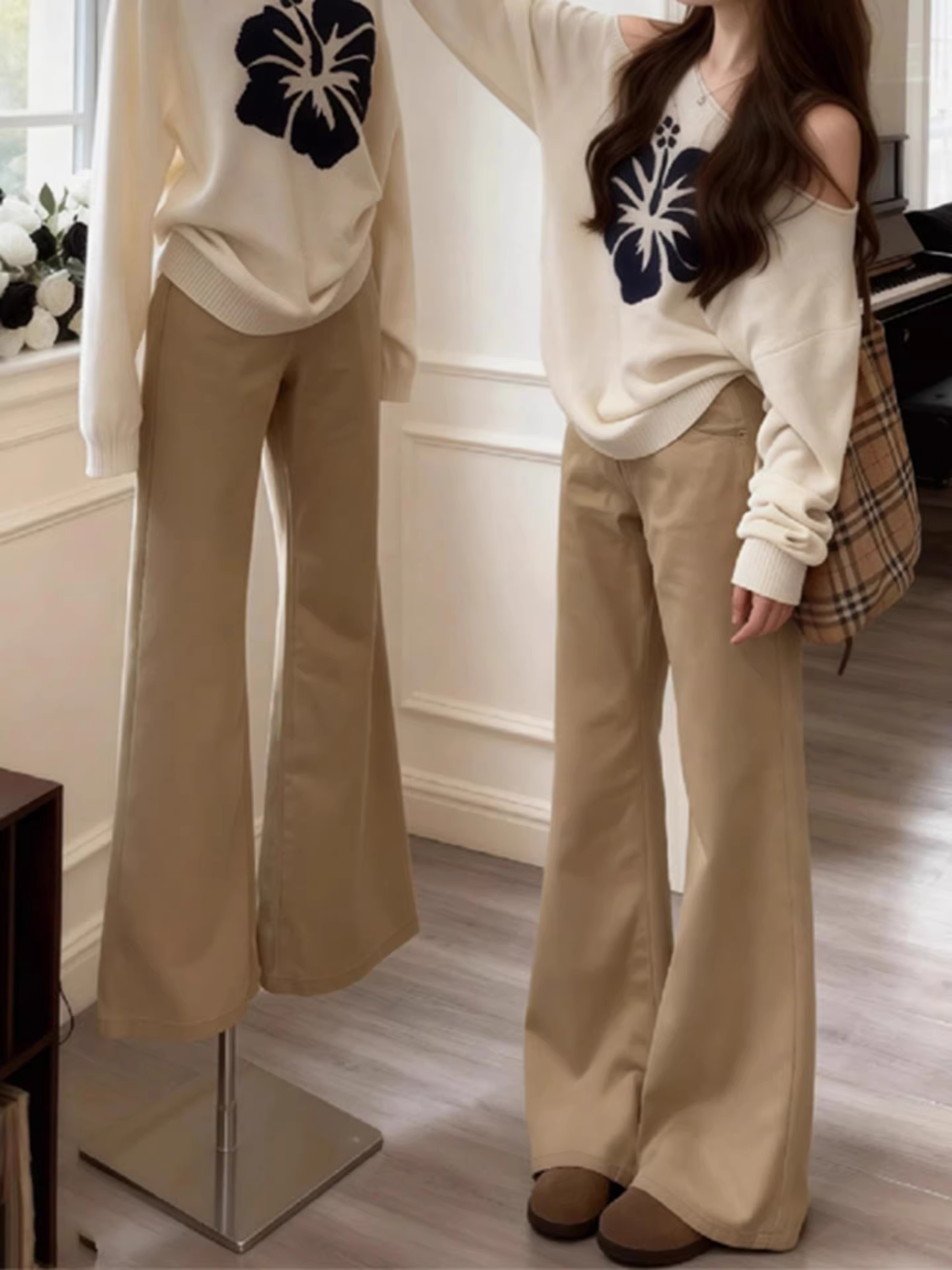 Quần jeans xòe kiểu Mỹ La Chapelle màu kaki dành cho nữ, mẫu mới thu đông 2025, cạp cao, không bó sát.