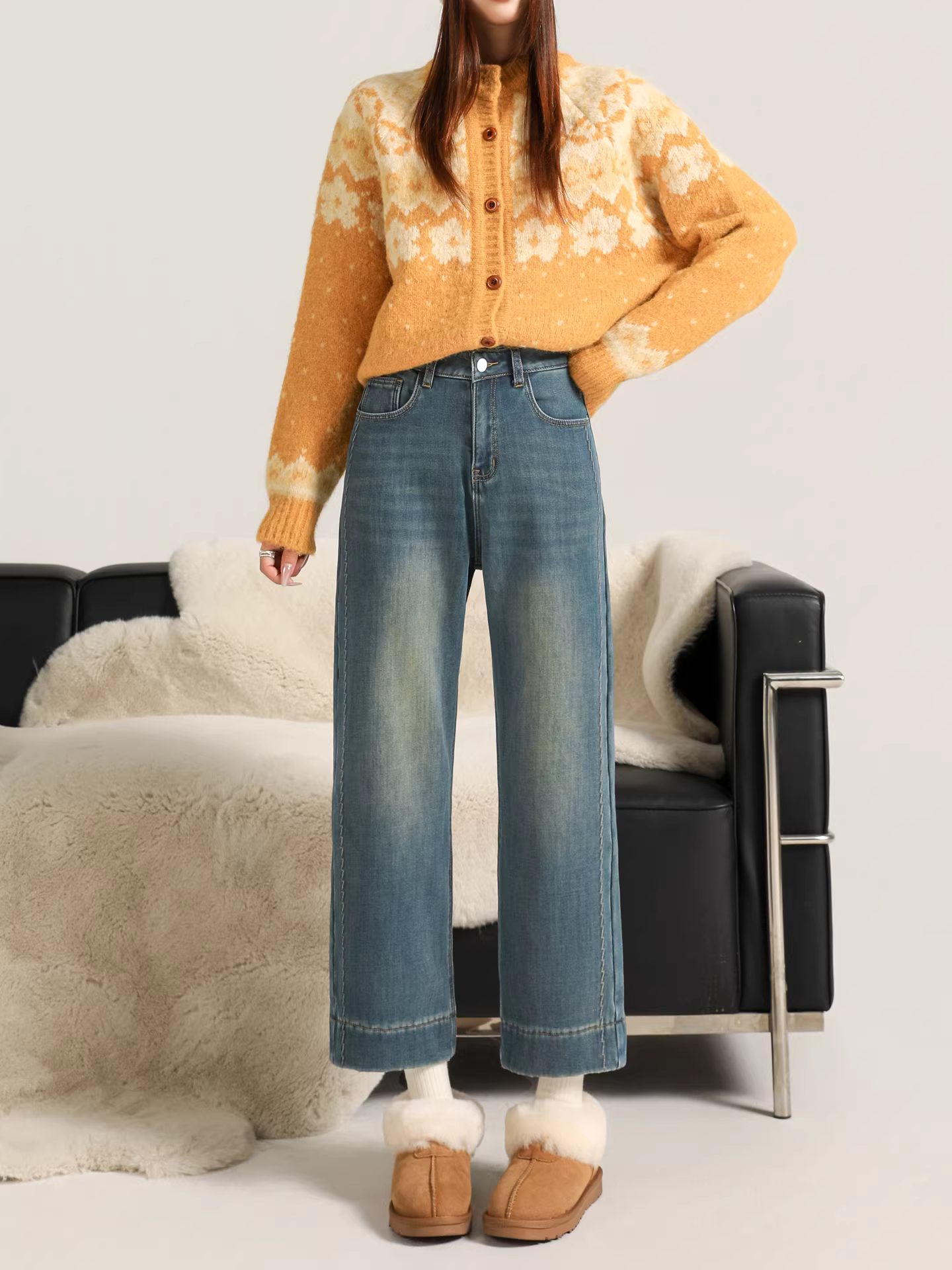 Quần jean La Chapelle dáng thẳng chín phần dành cho nữ, kiểu mới thu đông 2025, lót lông cừu, cạp cao, quần baguette tôn dáng.