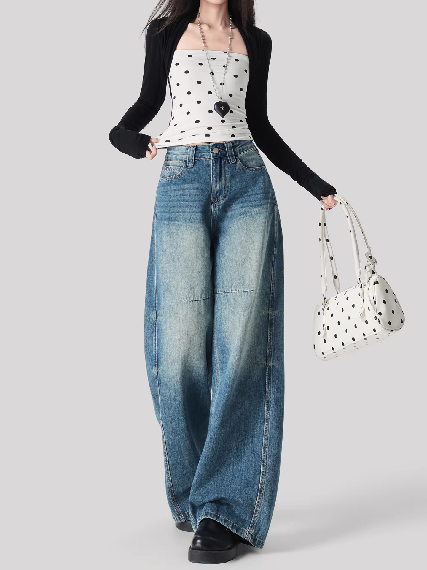 Quần jeans ống rộng La Chapelle kiểu retro dành cho nữ, mẫu mới thu đông 2025, cạp cao, dáng rộng, thẳng, dành cho người nhỏ nhắn