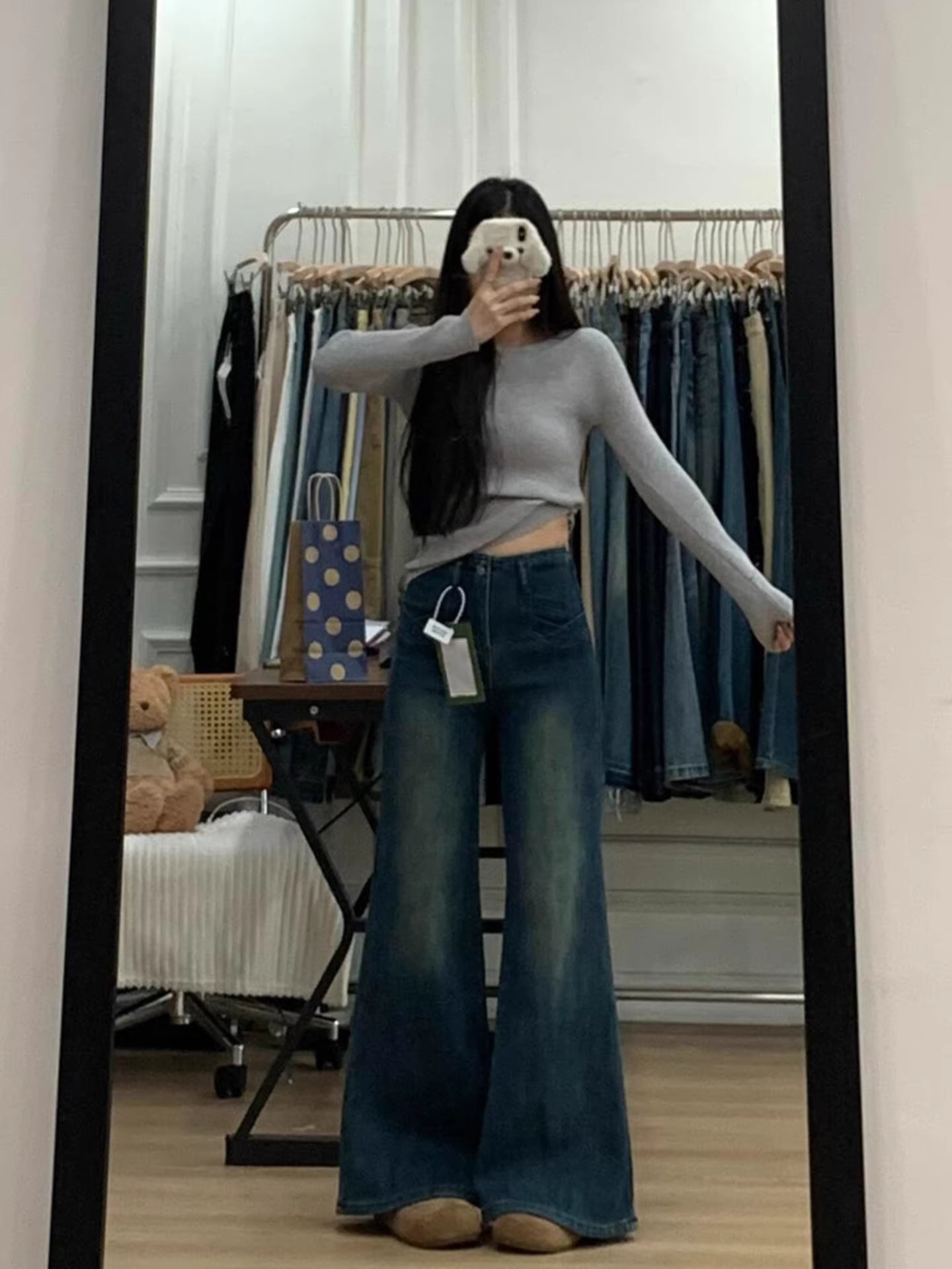 Quần jeans ống loe dày dặn lót lông cừu La Chapelle dành cho nữ, mẫu mới mùa đông 2025, cạp cao, dáng xòe