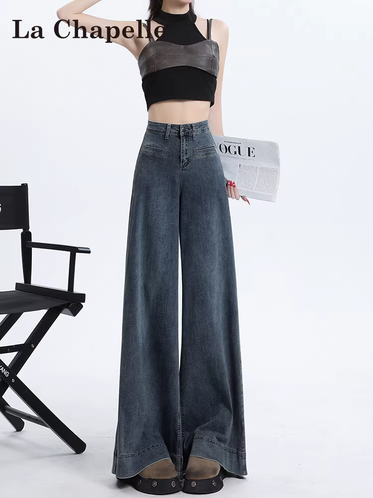 Quần jeans ống rộng La Chapelle dành cho nữ, mẫu mới thu 2025, cạp cao, dáng rộng, thoải mái, chất liệu mềm mại, dài chấm đất