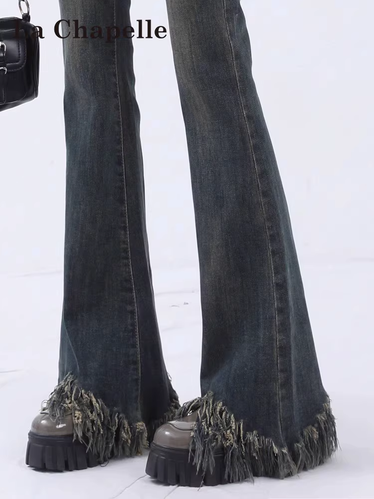 Quần jeans La Chapelle vintage viền xù dáng loe dành cho nữ, mẫu mới thu đông 2025, lót lông giữ ấm, cạp cao, tôn dáng, kiểu chuông