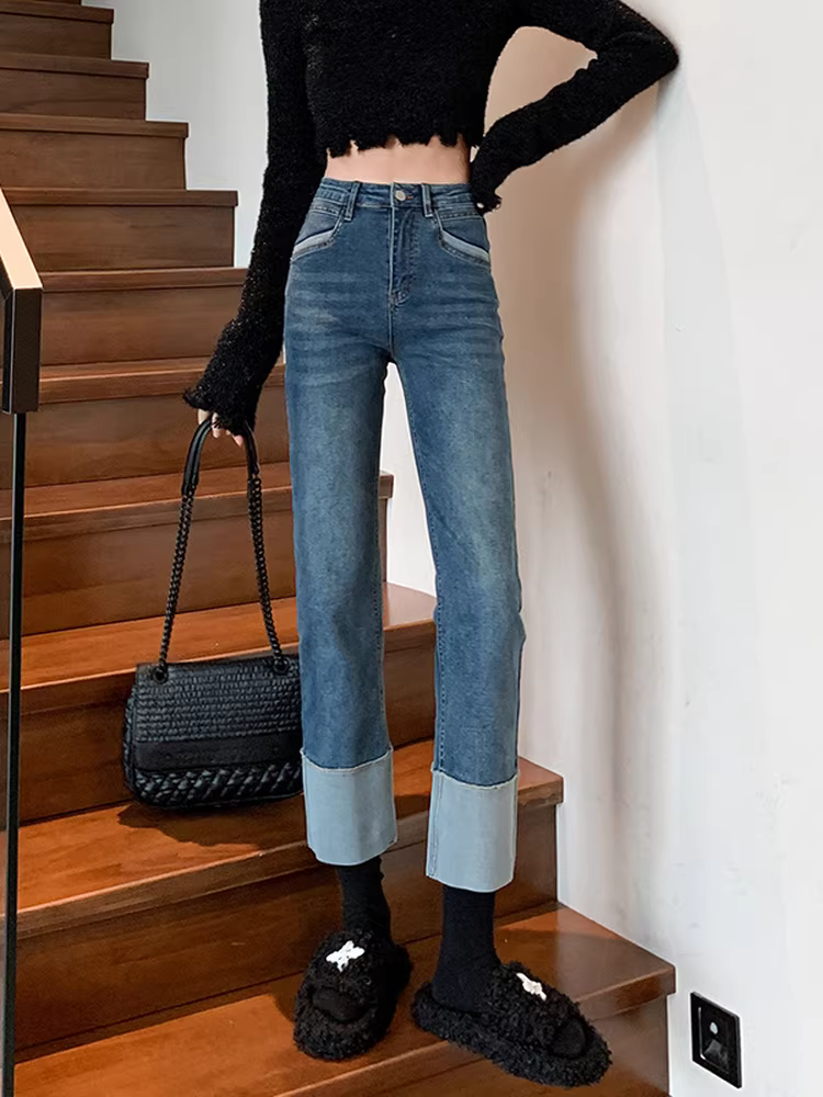 Quần jeans ống đứng lót lông cừu La Chapelle kiểu retro dành cho nữ, mẫu mới thu đông 2025, cạp cao, ôm dáng, ống lửng, kiểu dáng thuốc lá