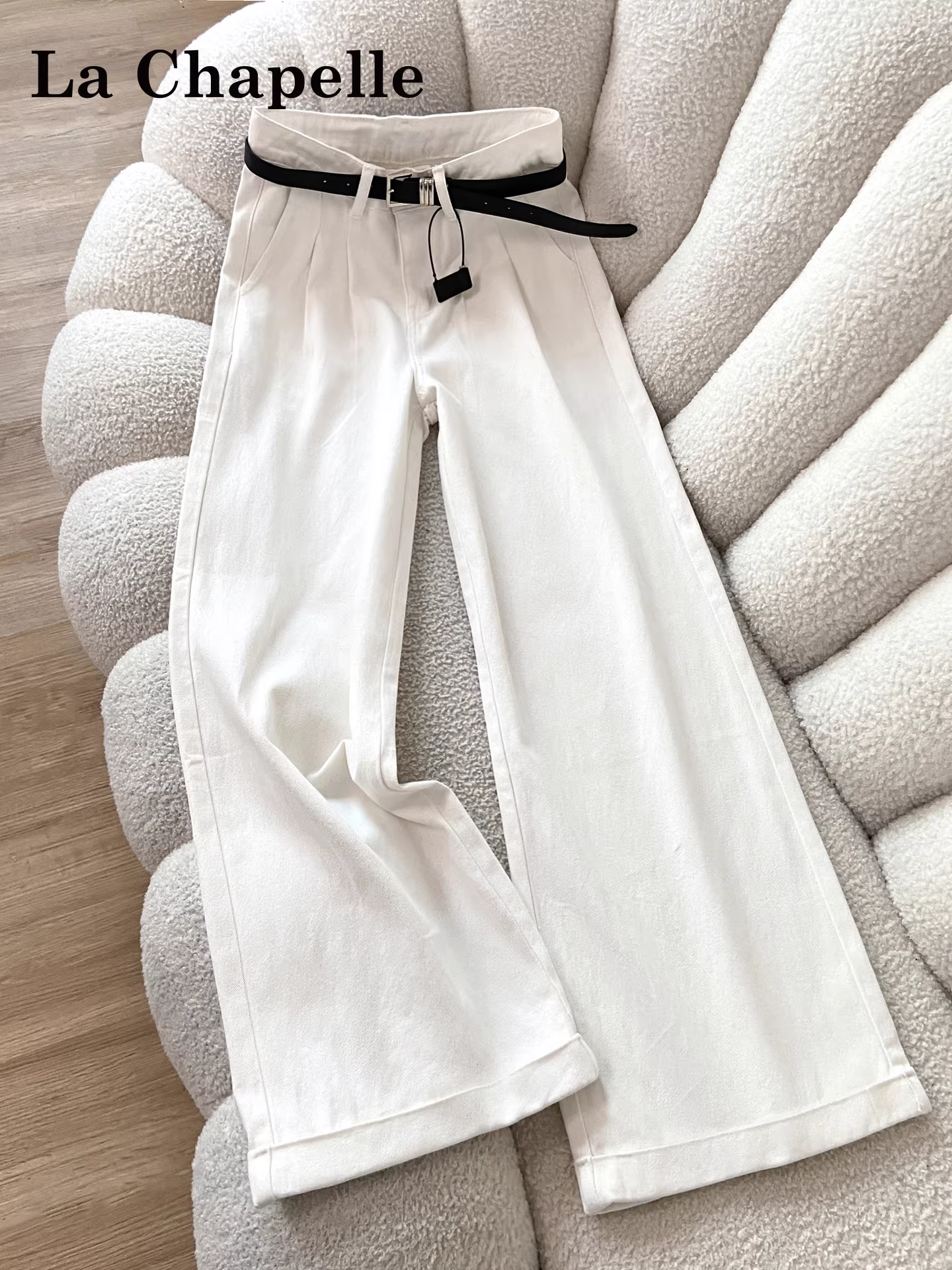 Quần jeans La Chapelle trắng, cạp cao, dáng rộng, ống rộng dành cho nữ, mẫu mới thu đông 2025, kiểu dáng thẳng, dành cho người nhỏ nhắn