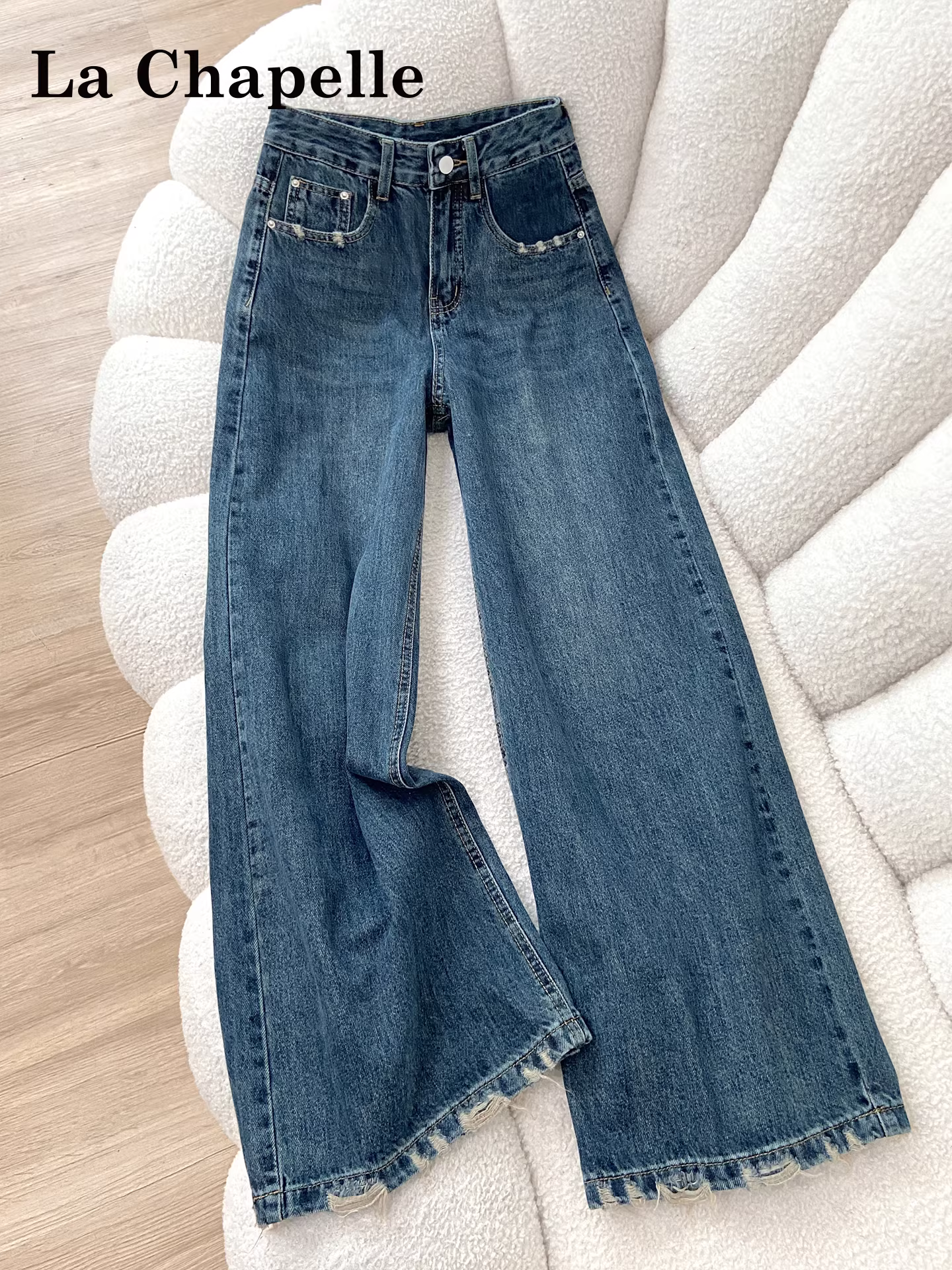 Quần jeans La Chapelle kiểu Mỹ cổ điển, cạp cao, ống rộng dành cho nữ, mẫu mới mùa thu đông 2025, kiểu rách, dáng thẳng, rộng rãi