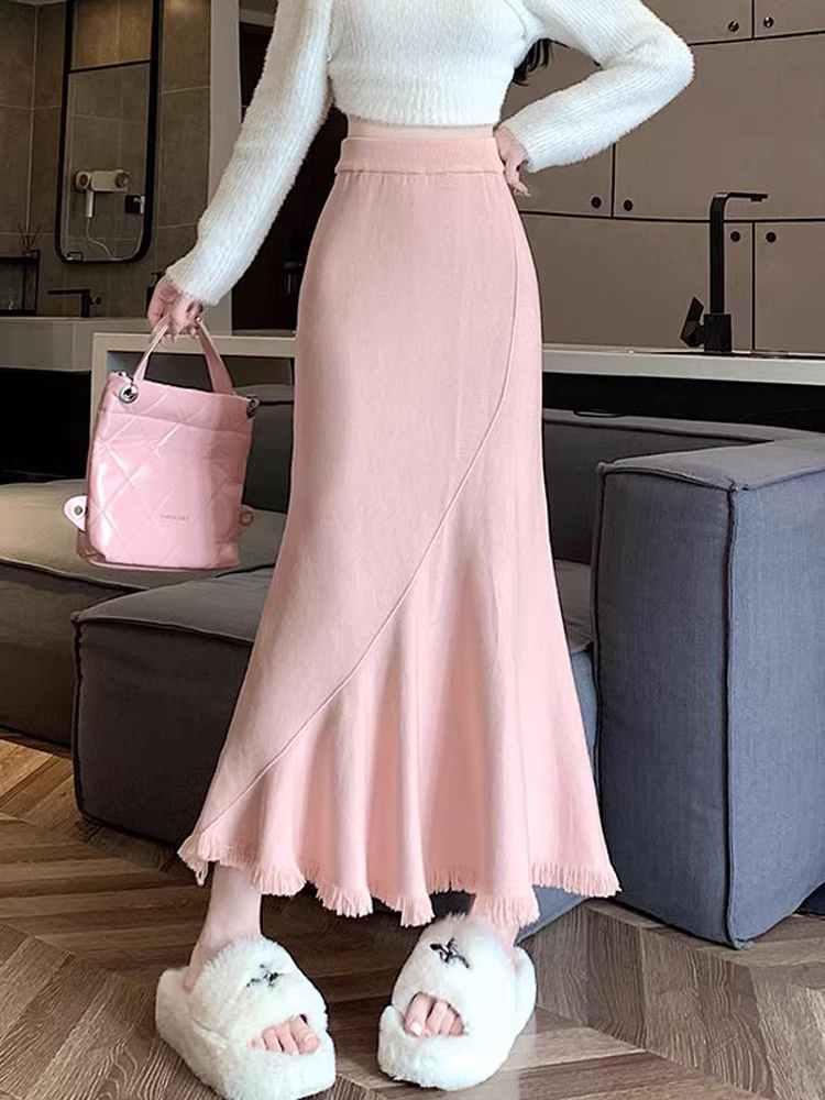 Váy đuôi cá dáng bất quy tắc La Chapelle màu mơ dành cho nữ, mẫu mới thu đông 2025, đa năng, cạp cao, dáng chữ A, dài.