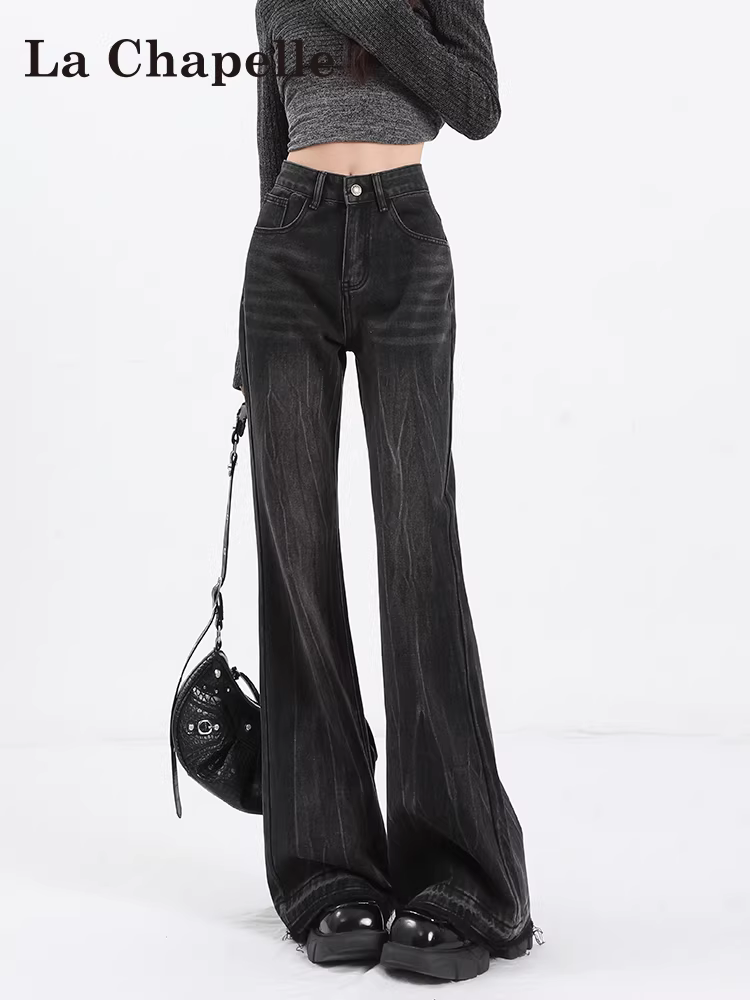 Quần jean đen La Chapelle dáng loe dành cho nữ, kiểu mới thu đông 2025, size nhỏ, cạp cao, tôn dáng, lót lông, ống chuông