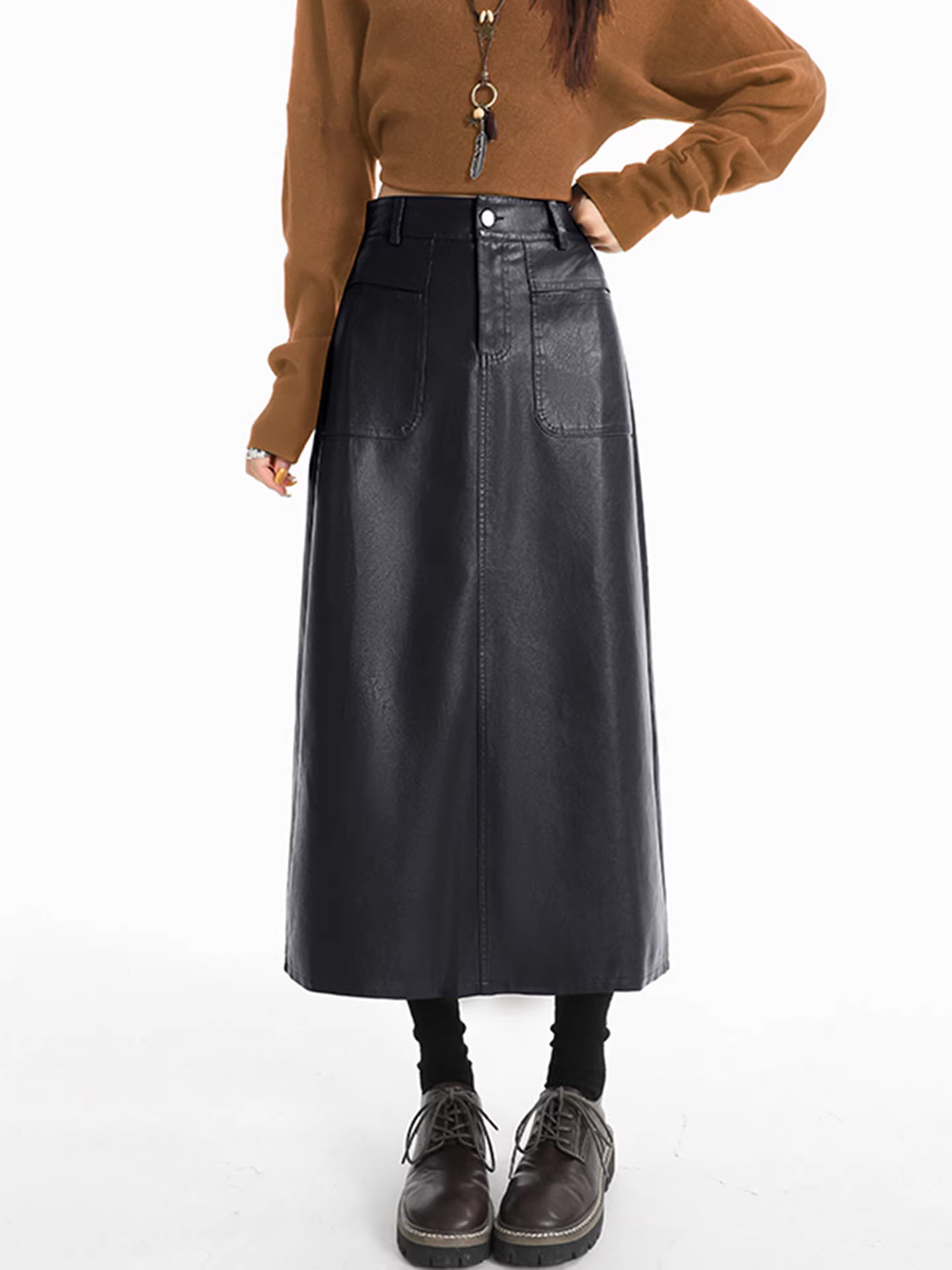 Váy bút chì màu cà phê La Chapelle dành cho nữ, kiểu mới thu đông 2025, váy da dáng dài vừa phải, eo cao, tôn dáng.