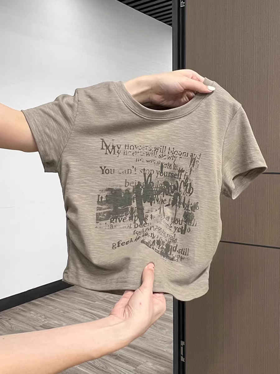 Áo thun nữ tay ngắn in hình phong cách Mỹ La Chapelle, kiểu dáng ôm body, thiết kế mới mùa hè 2025