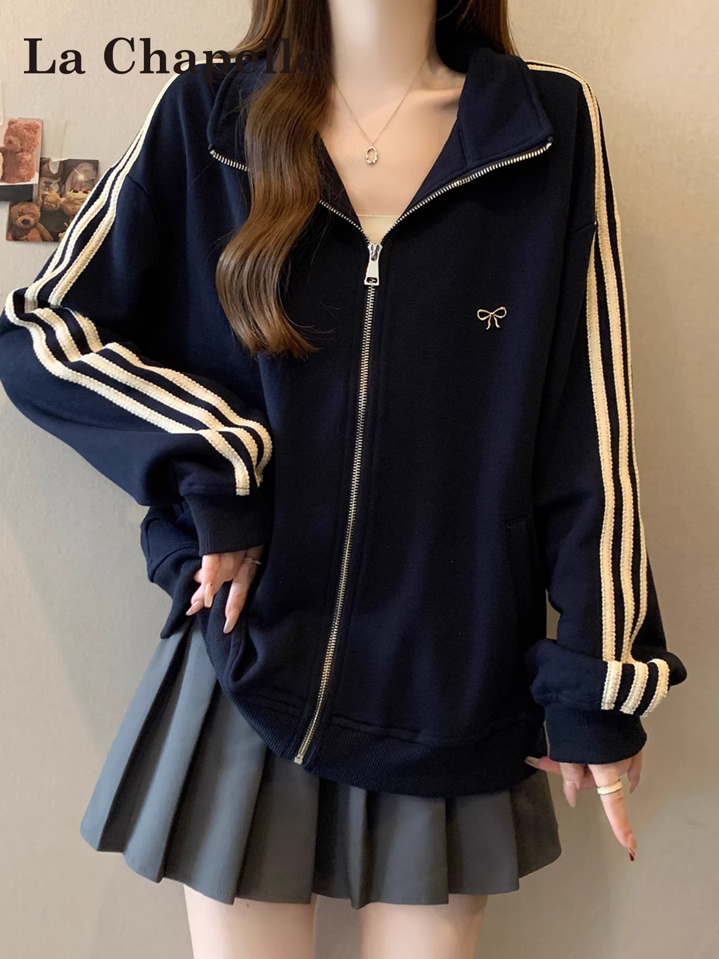 Áo len dài tay sọc xanh La Chapelle dành cho nữ, mùa thu đông 2025, kiểu dáng rộng rãi, thoải mái, áo khoác cardigan mới