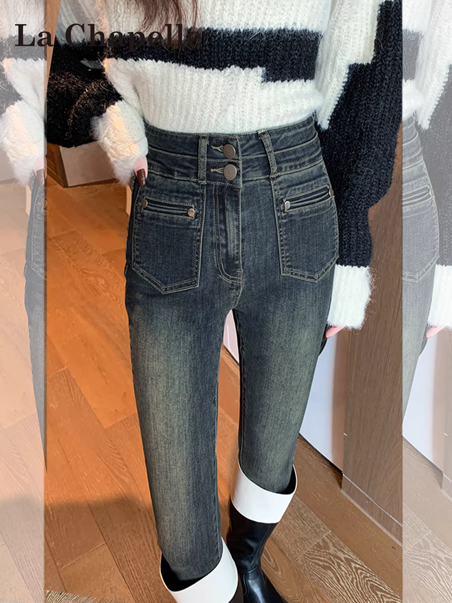 Quần jean nữ La Chapelle màu xám, lót lông cừu, dày, ôm sát, kiểu dáng mới thu đông 2025, cạp cao, co giãn, dáng ôm.