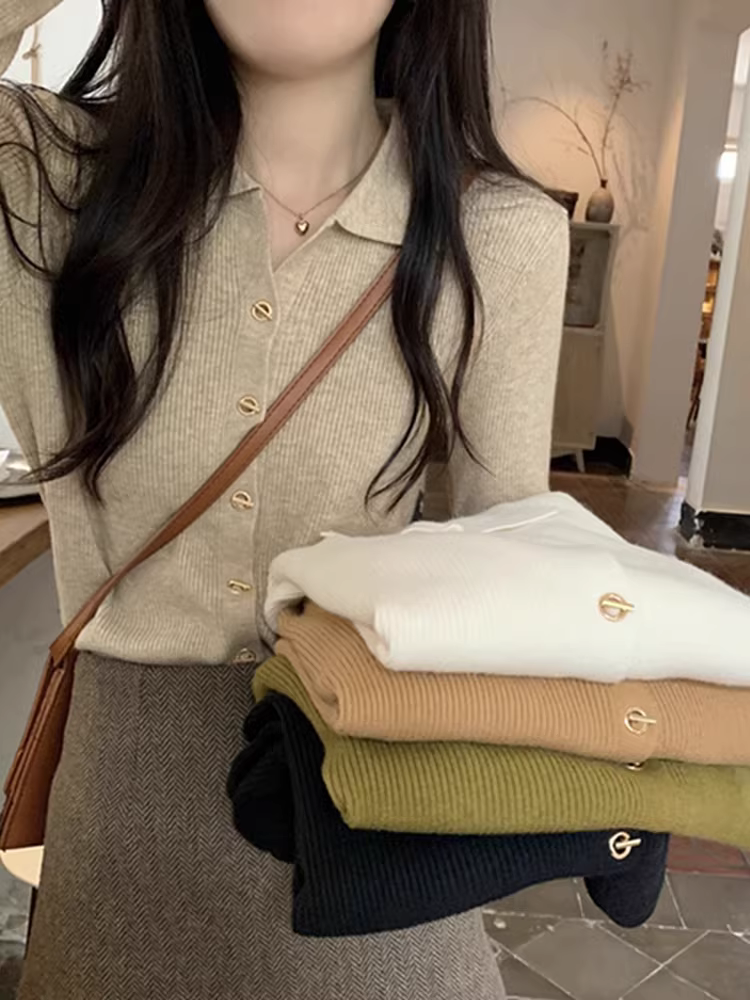 Áo len dệt kim cổ polo màu sáng La Chapelle tay dài dành cho nữ, kiểu dáng ôm sát, mùa thu 2025, áo khoác cardigan mặc trong