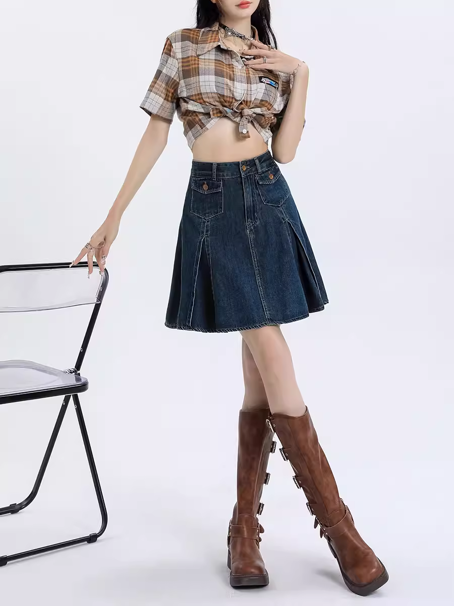 Chân váy denim xếp ly La Chapelle kiểu retro dành cho nữ, mẫu mới thu 2025, cạp cao, dáng ôm, ngắn, kiểu chữ A